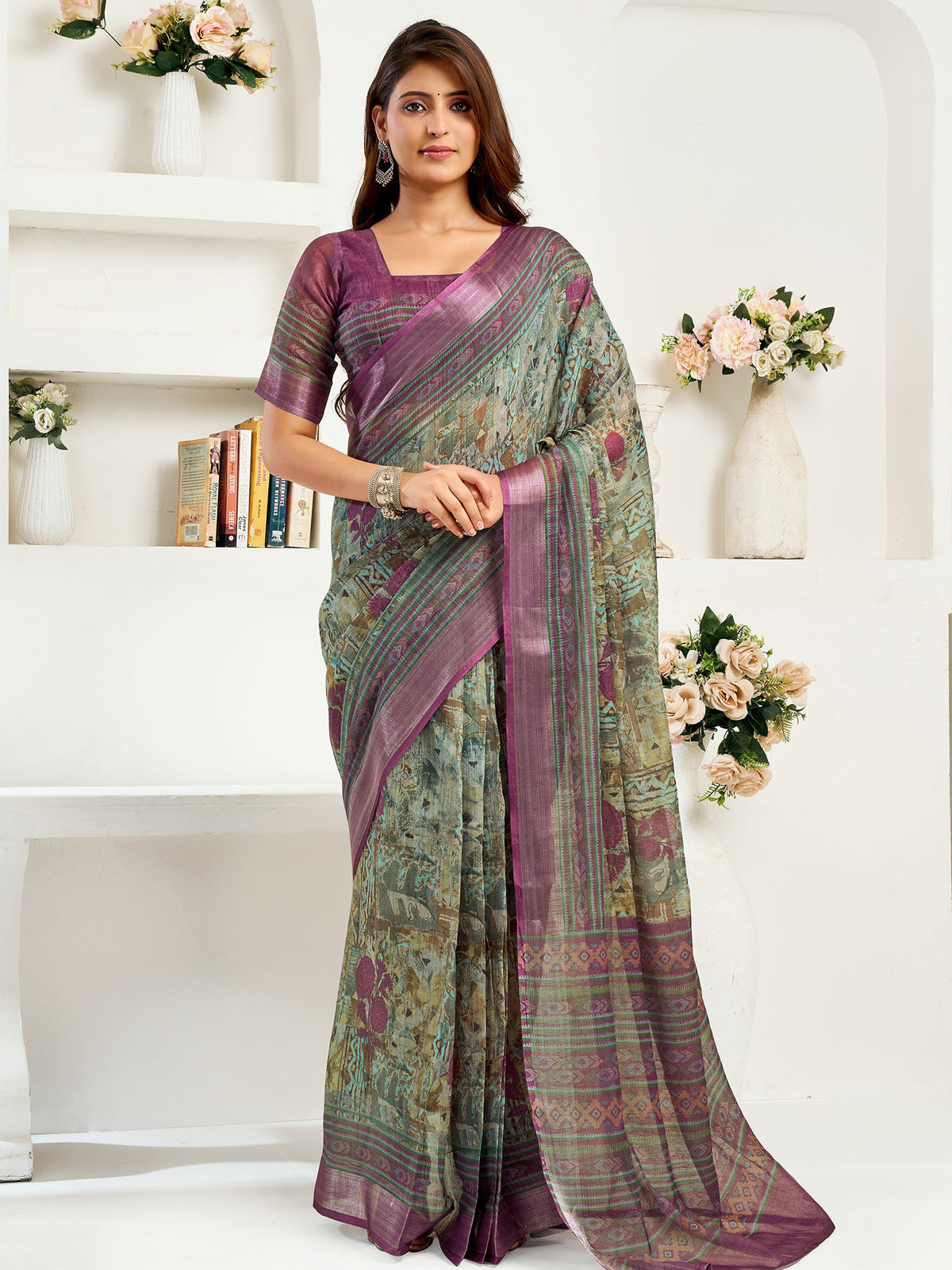 Elora Multi Coloured Linen Ikat & Floral Printed Ready to Wear Saree