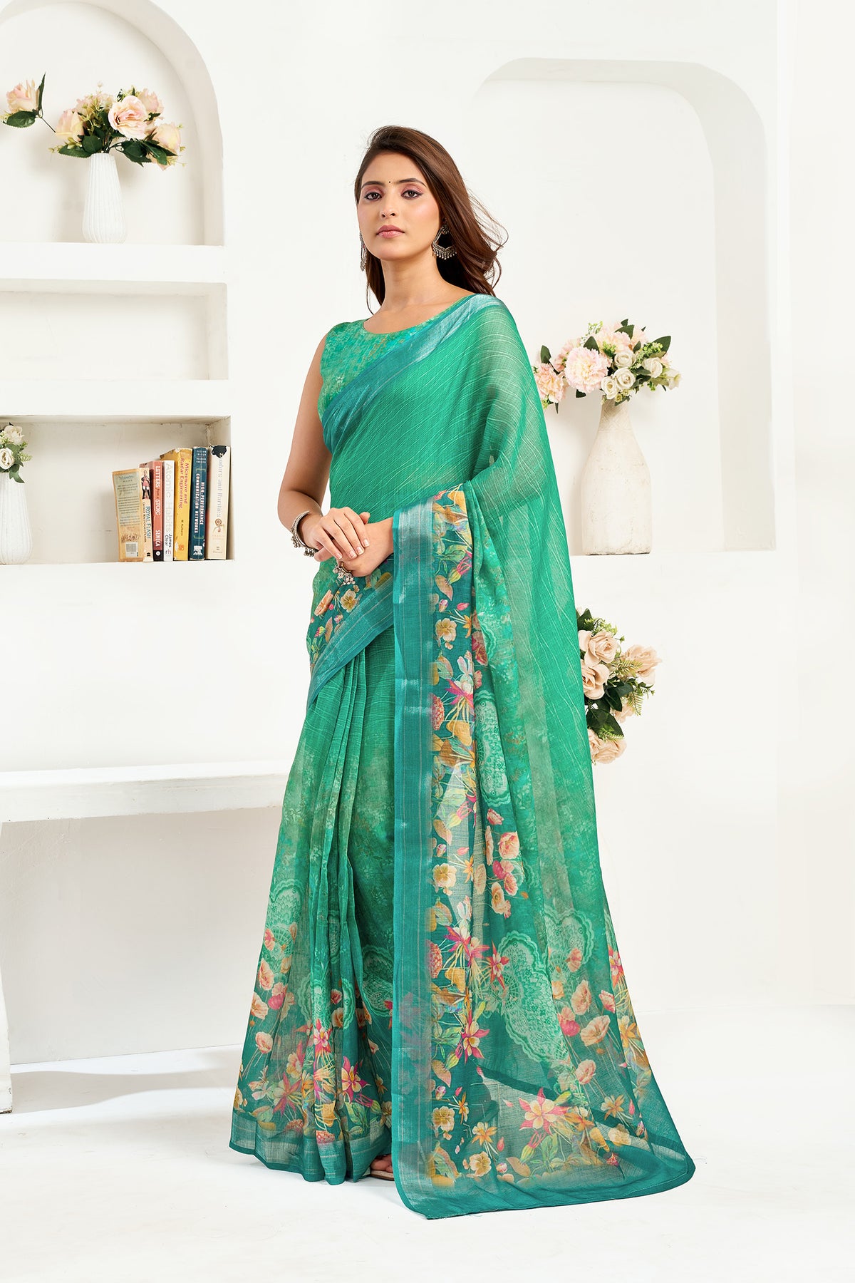 Elora Rama Green Linen Floral Printed Ready to Wear Saree