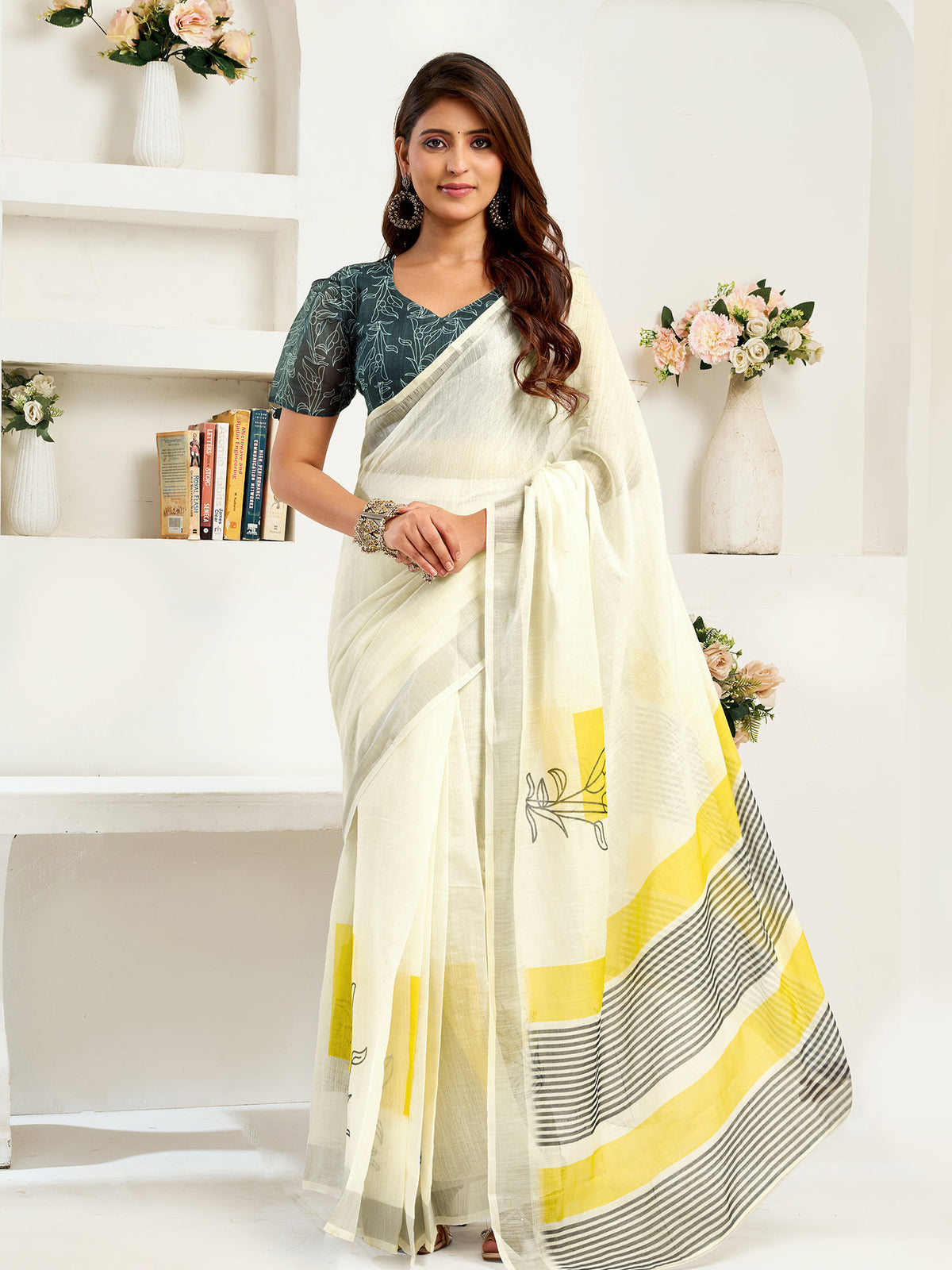 Elora Off-white Linen Striped Printed Ready to Wear Saree