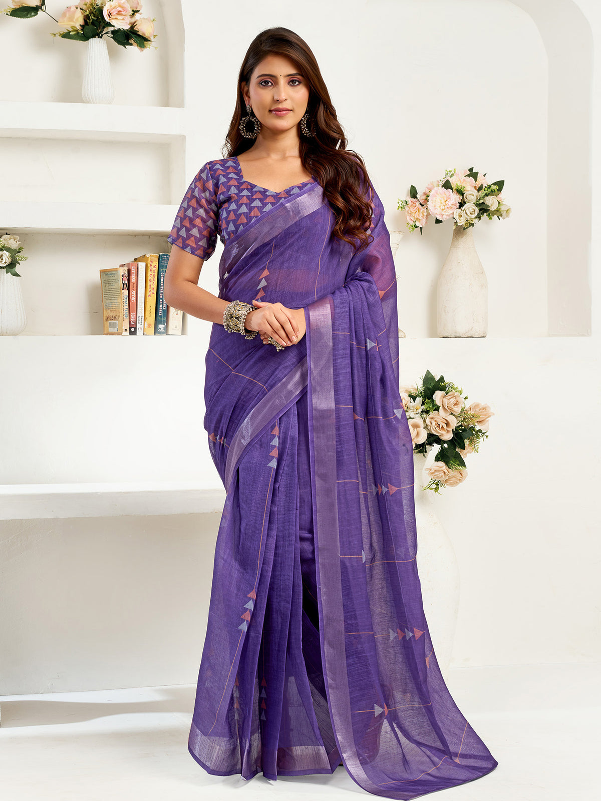 Elora Purple Linen Geometric Printed Ready to Wear Saree
