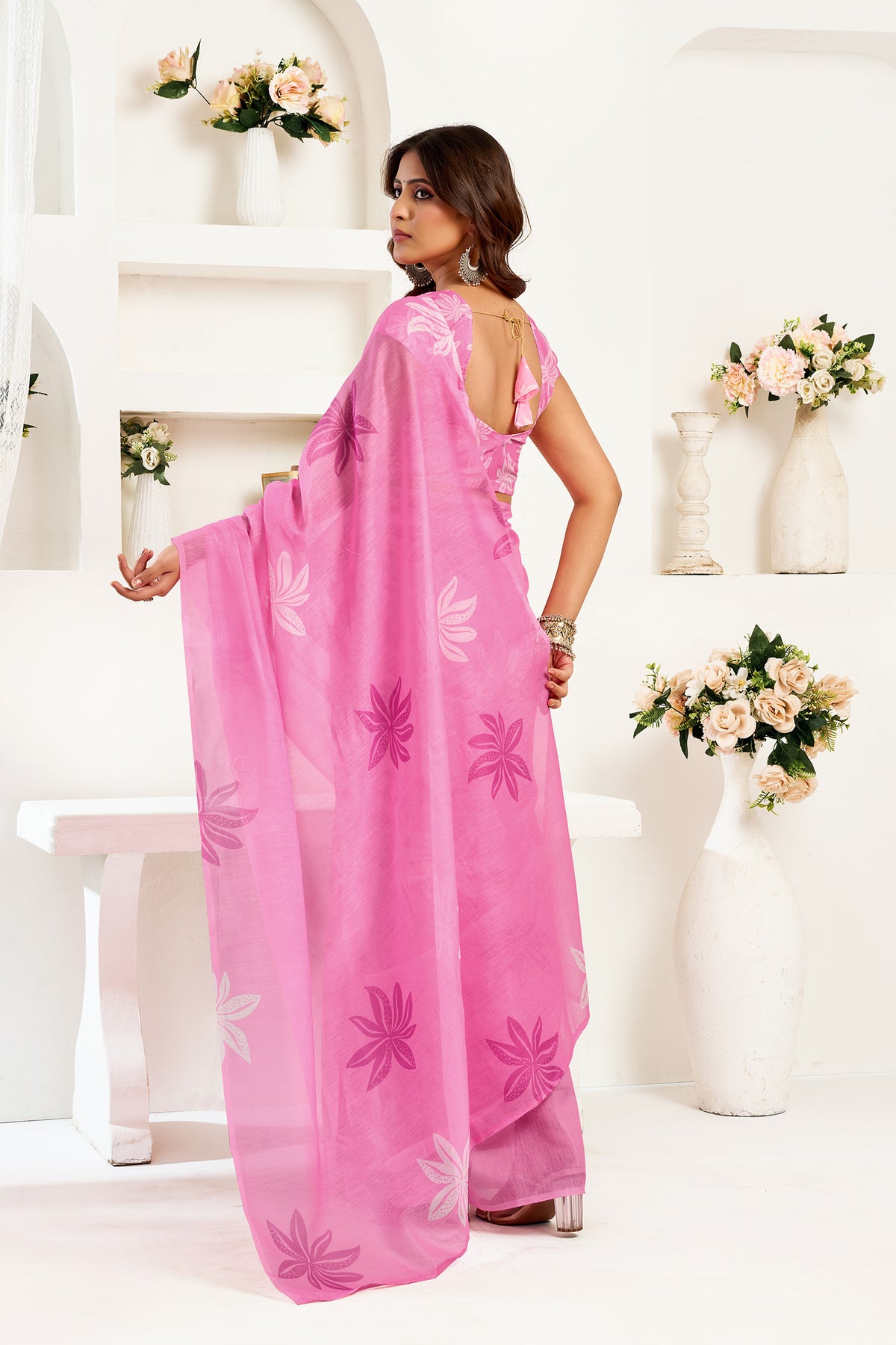 Elora Pink Linen Floral Printed Ready to Wear Saree