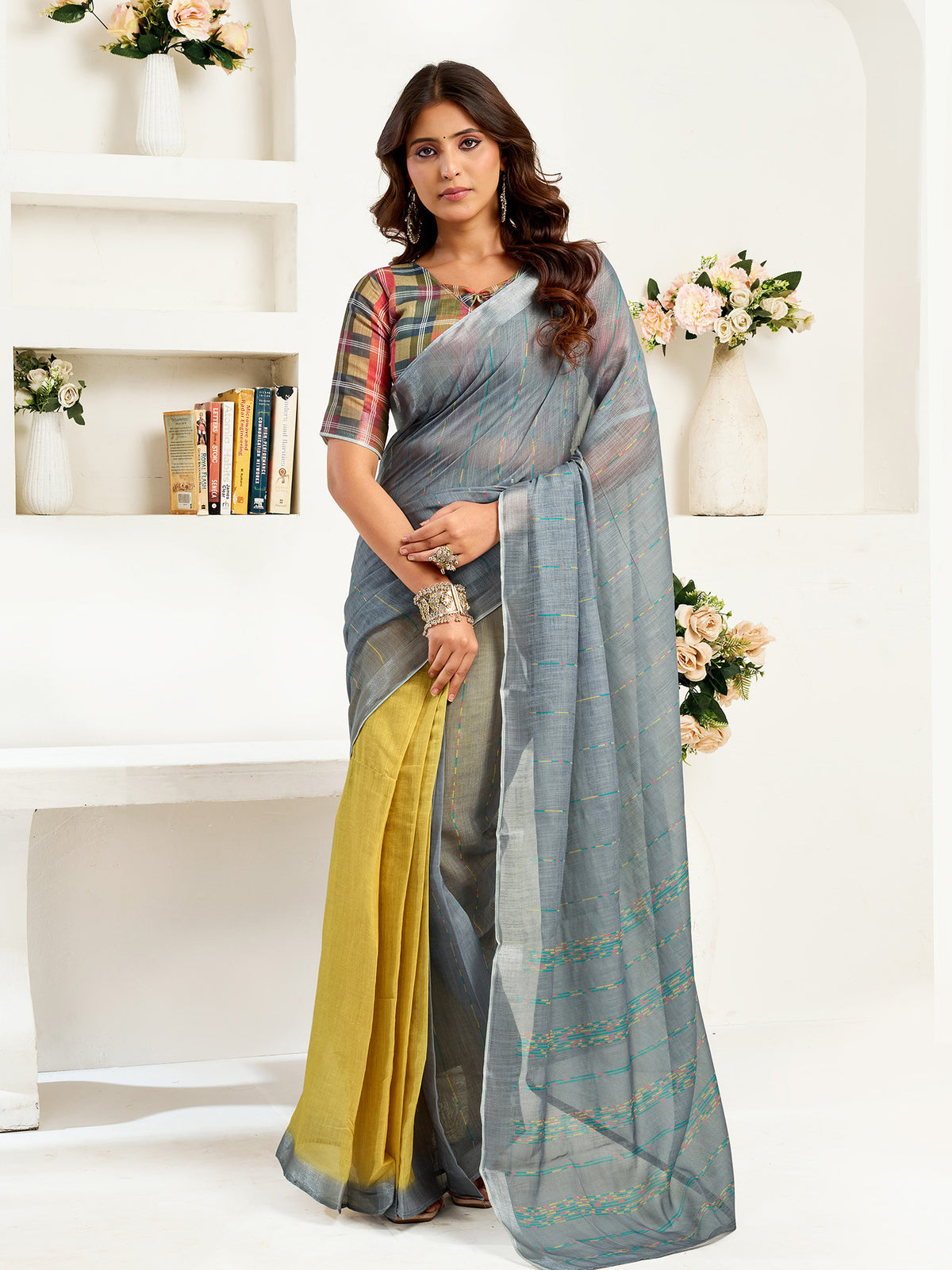 Elora Grey Linen Striped Printed Ready to Wear Saree