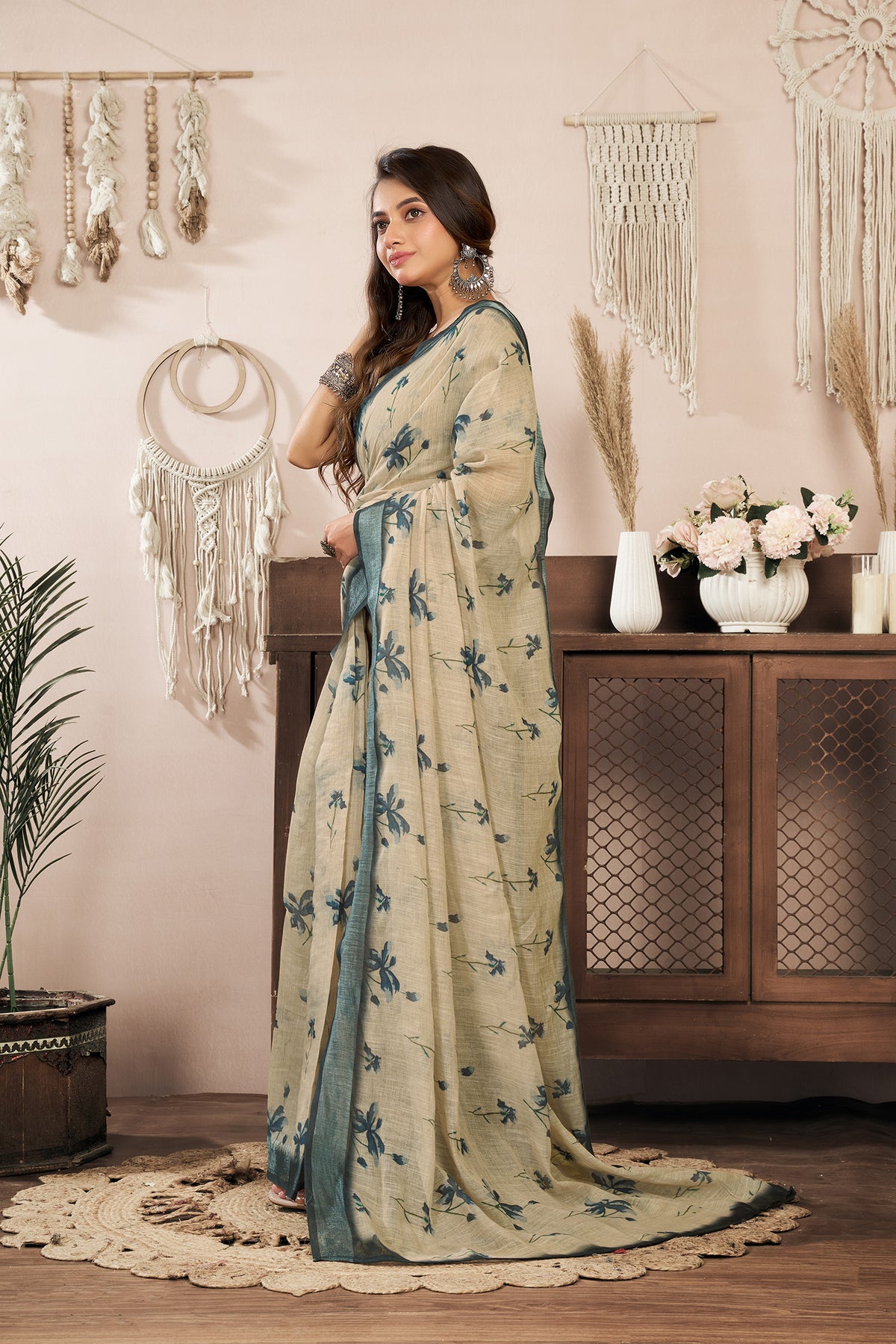 Elora Beige Linen Floral Printed Ready to Wear Saree