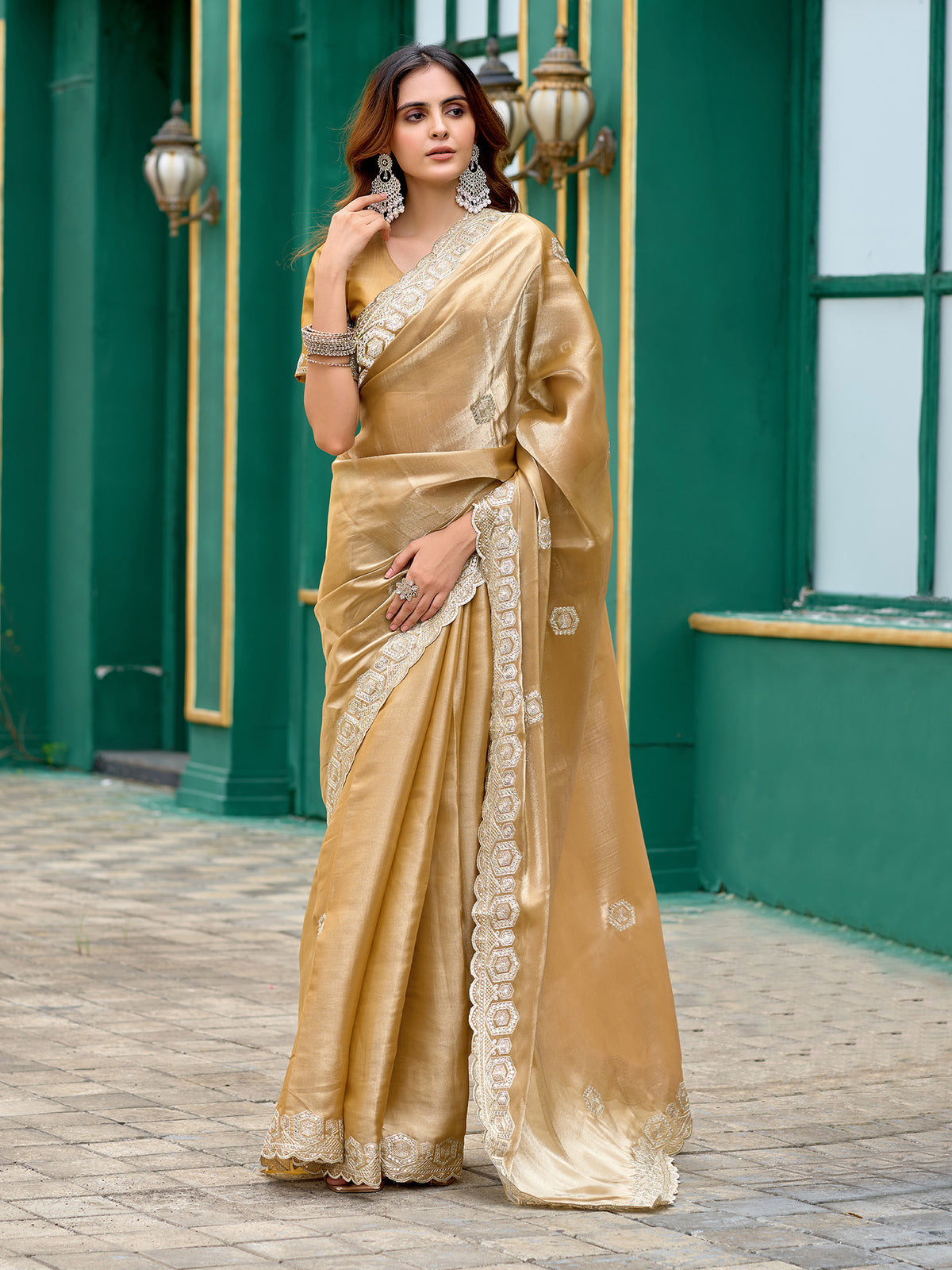Elora Beige Shimmer Chiffon Geometric Embroidery Work Bollywood Saree