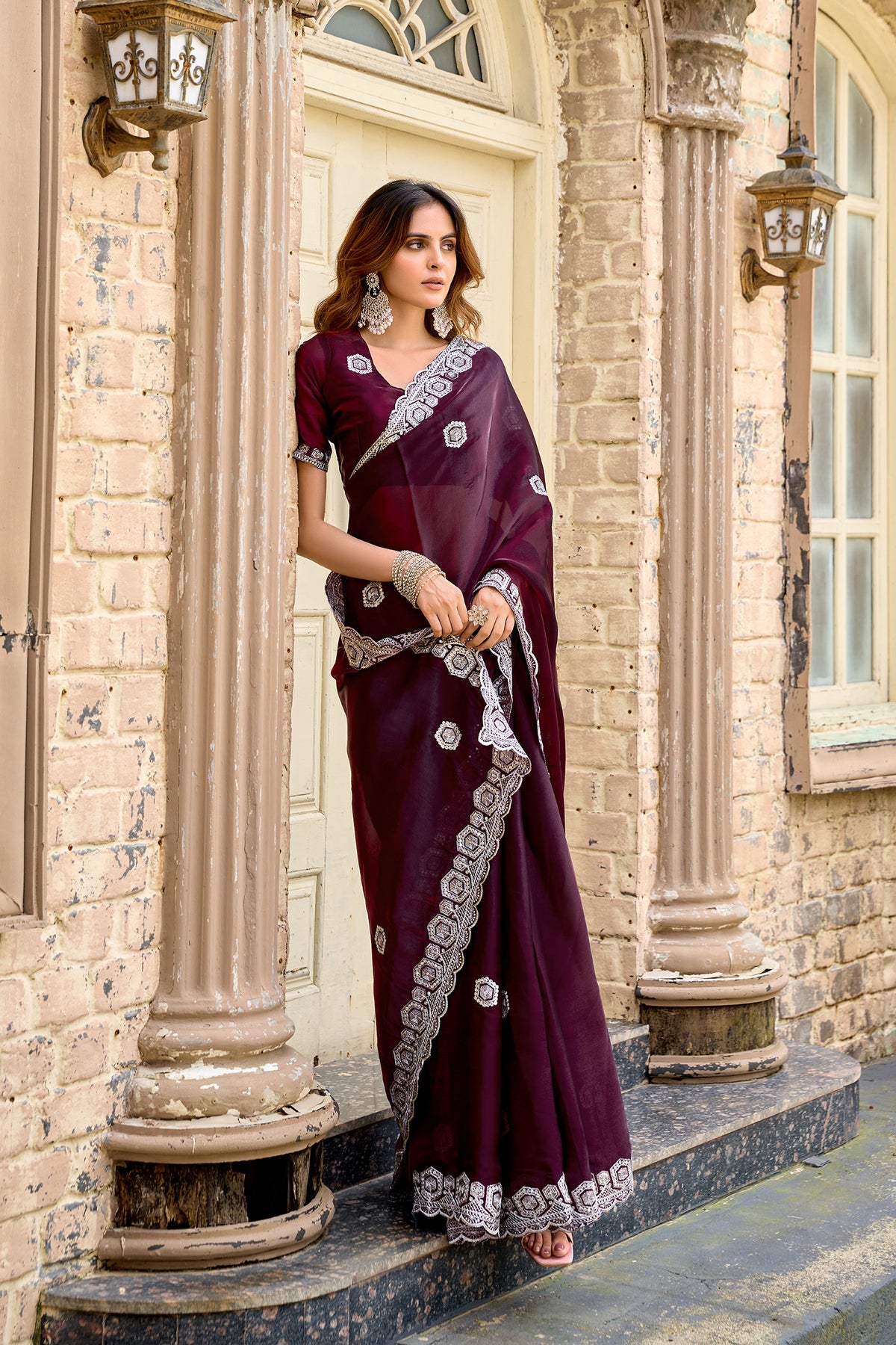 Elora Wine Shimmer Chiffon Geometric Embroidery Work Bollywood Saree