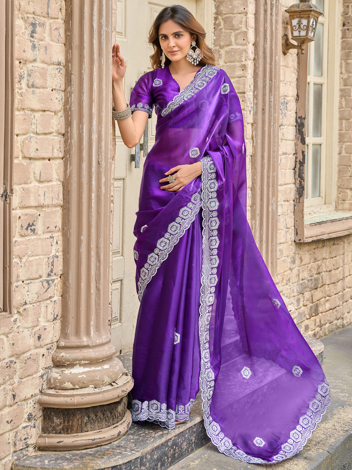 Elora Violet Shimmer Chiffon Geometric Embroidery Work Bollywood Saree