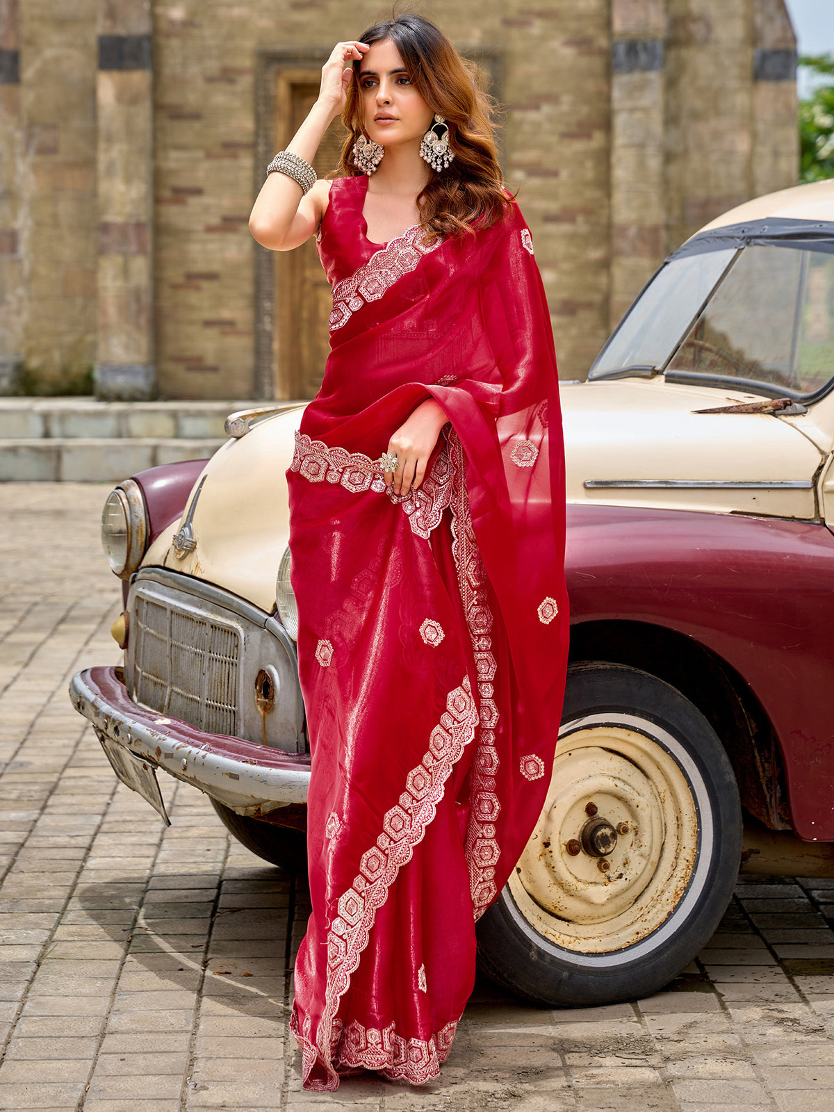 Elora Red Shimmer Chiffon Geometric Embroidery Work Bollywood Saree
