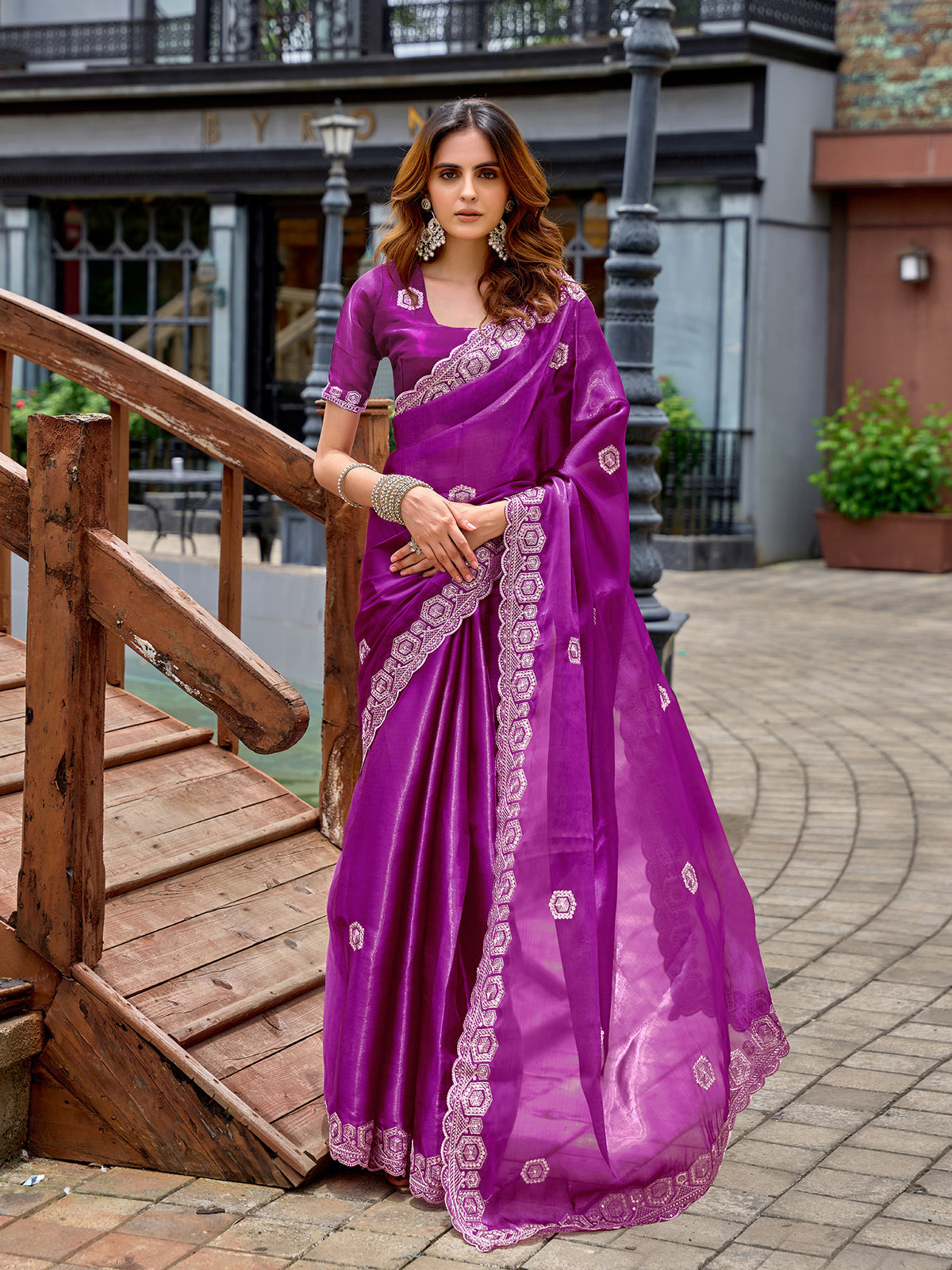 Elora Purple Shimmer Chiffon Geometric Embroidery Work Bollywood Saree