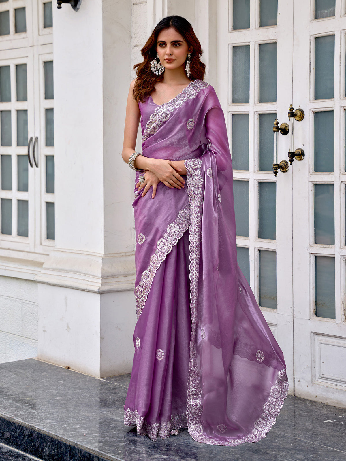 Elora Lavender Shimmer Chiffon Geometric Embroidery Work Bollywood Saree