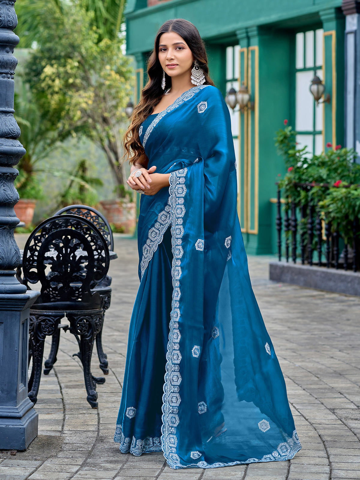 Elora Teal Blue Shimmer Chiffon Geometric Embroidery Work Bollywood Saree
