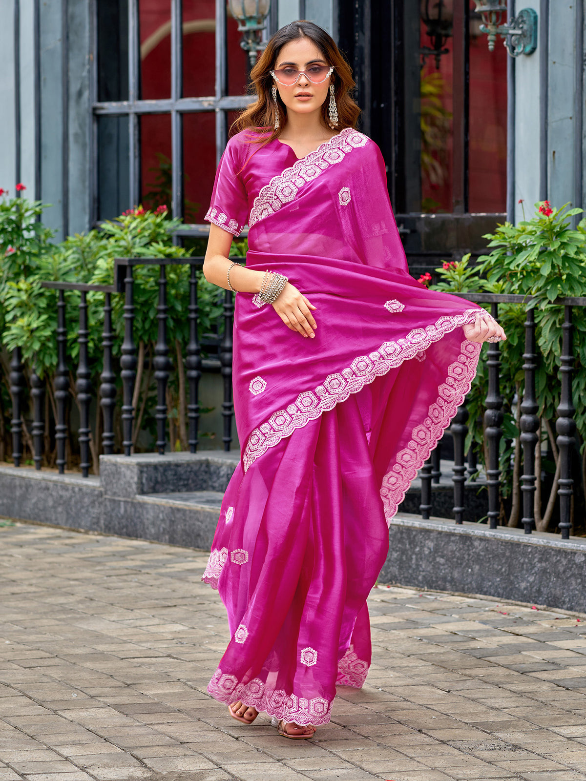 Elora Pink Shimmer Chiffon Geometric Embroidery Work Bollywood Saree