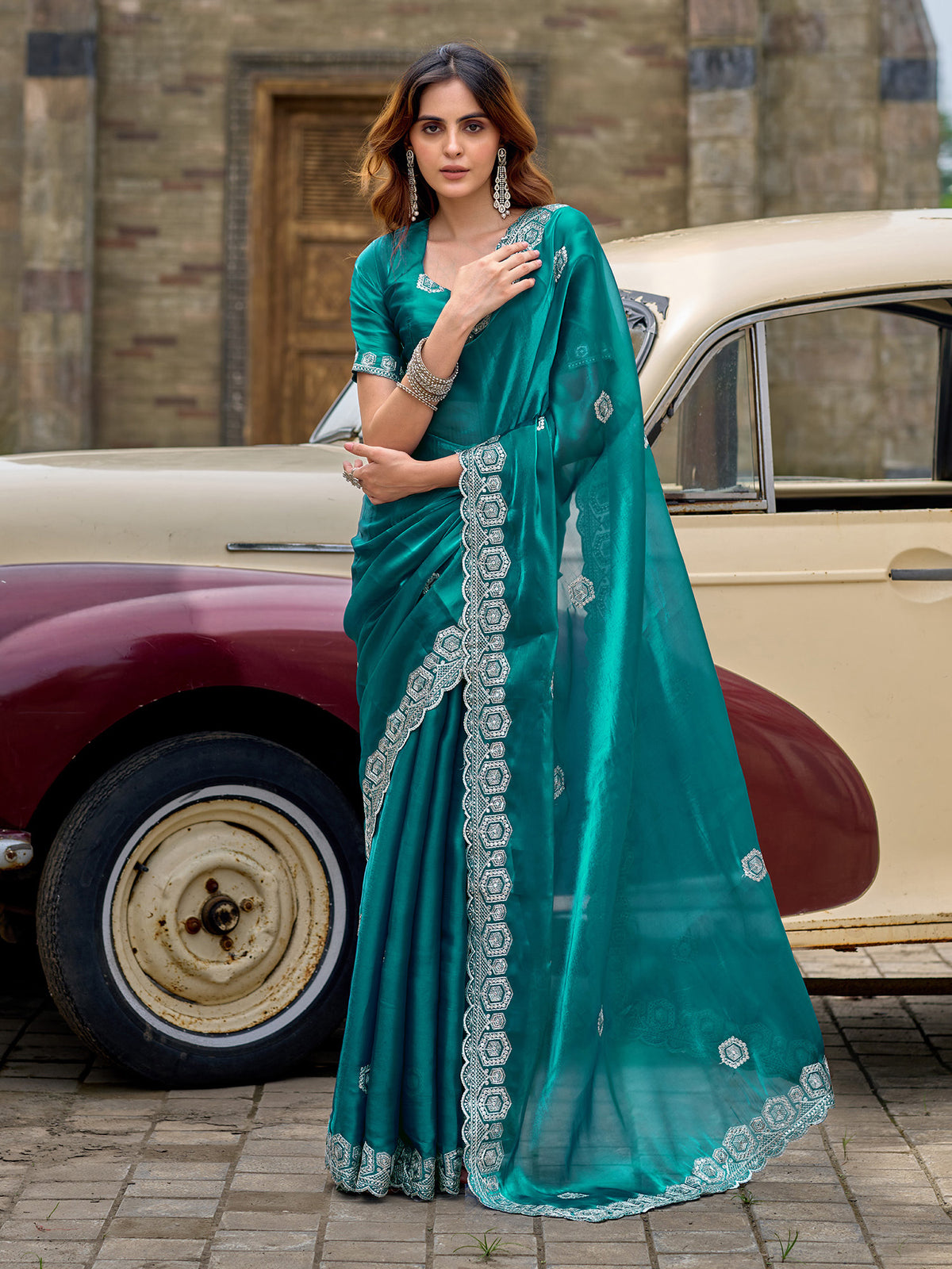 Elora Teal Shimmer Chiffon Geometric Embroidery Work Bollywood Saree