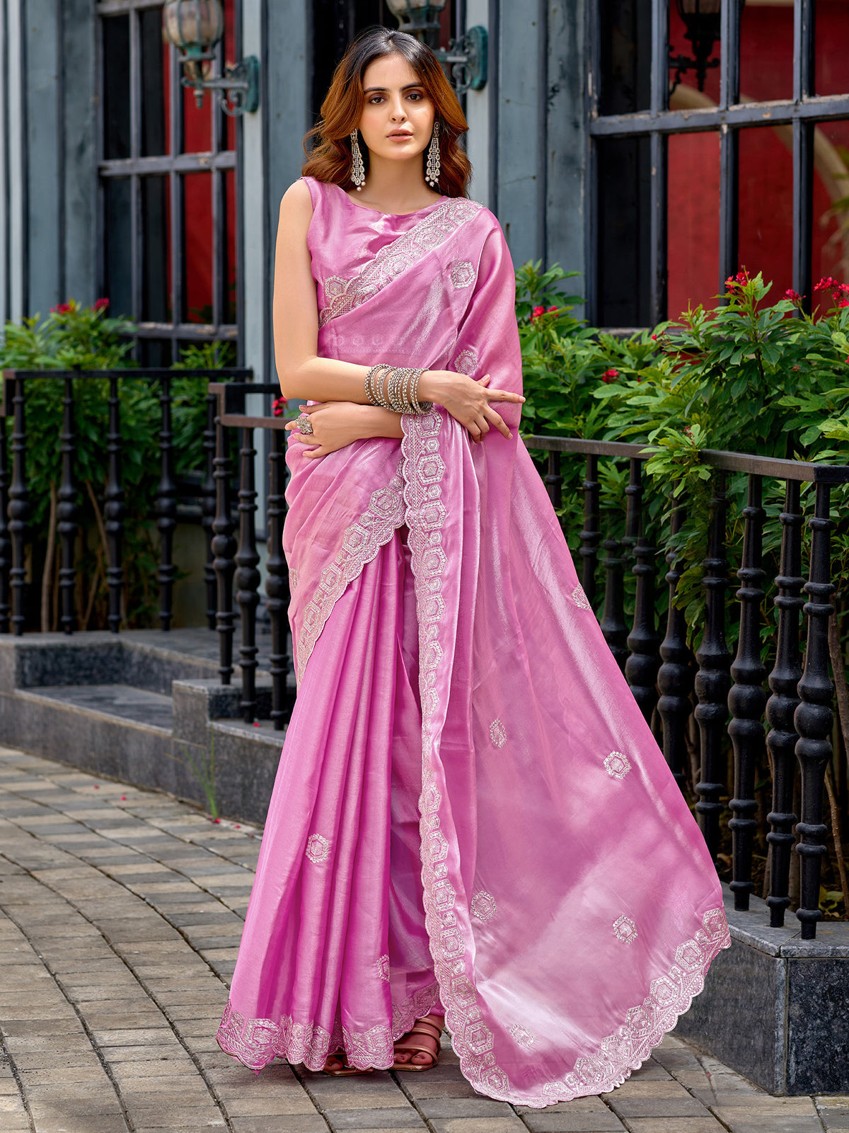 Elora Baby Pink Shimmer Chiffon Geometric Embroidery Work Bollywood Saree