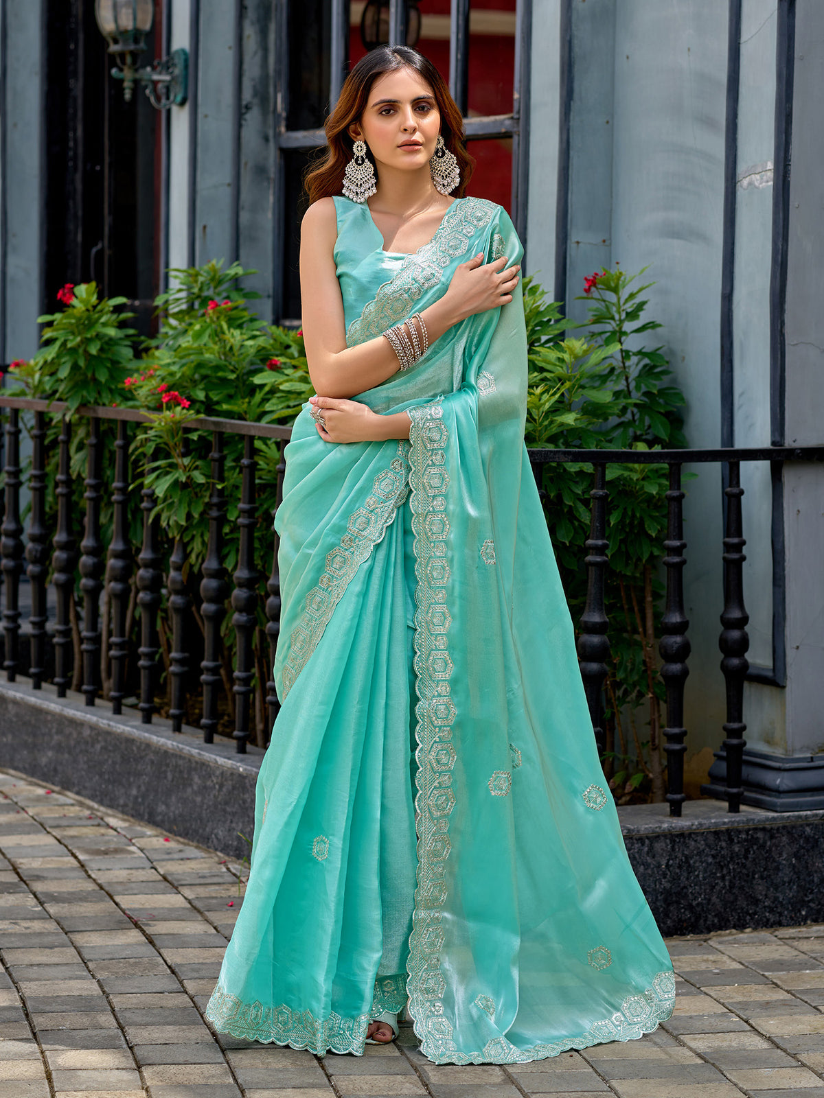 Elora Sky Blue Shimmer Chiffon Geometric Embroidery Work Bollywood Saree