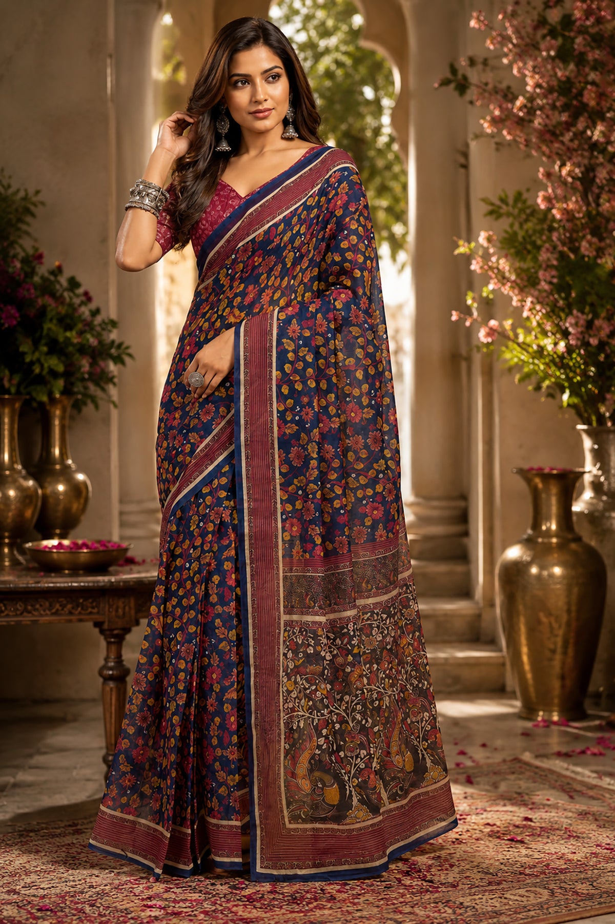 Elora Navy Blue Chanderi Cotton Kalamkari Floral Jaal Printed Ready To Wear Saree