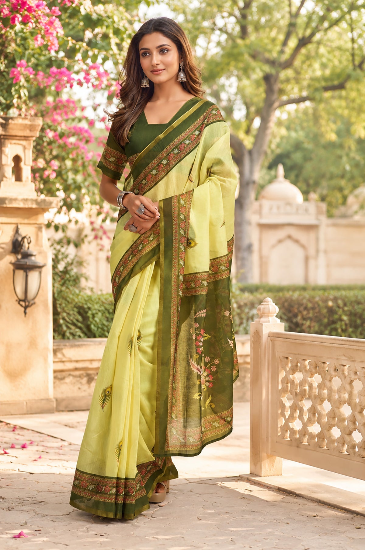 Elora Lemon Green Chanderi Cotton Motifs Printed Ready To Wear Saree