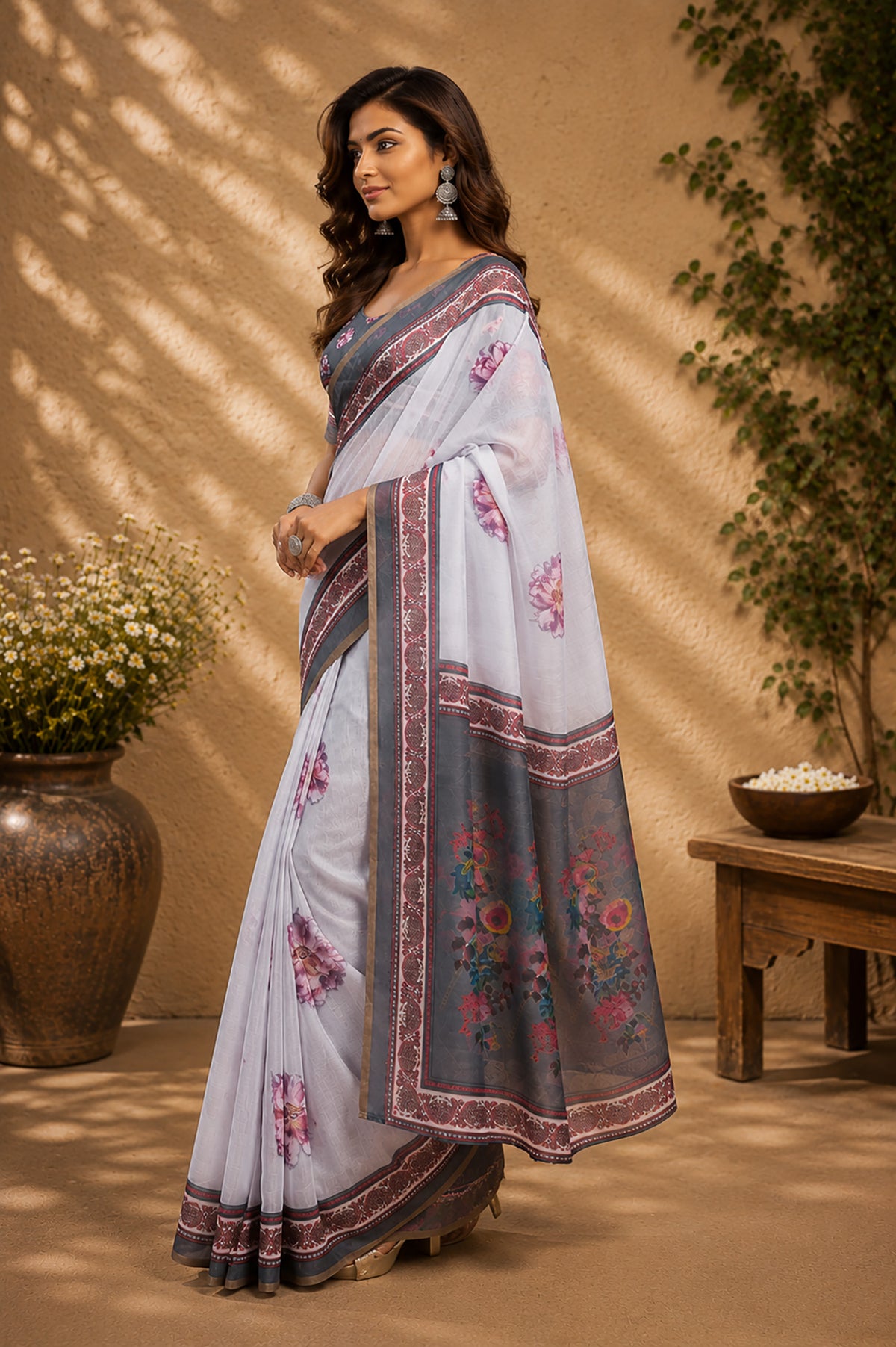 Elora Off White Chanderi Cotton Floral Printed Ready To Wear Saree
