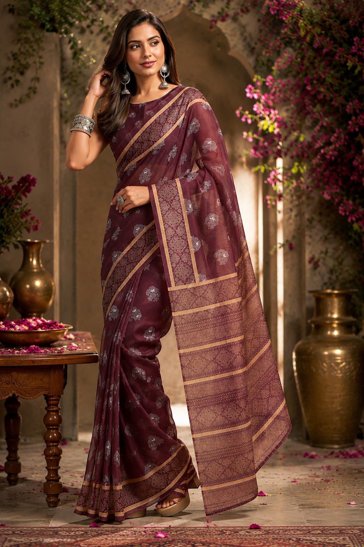 Elora Burgundy Chanderi Cotton Woven Butti Printed Ready To Wear Saree