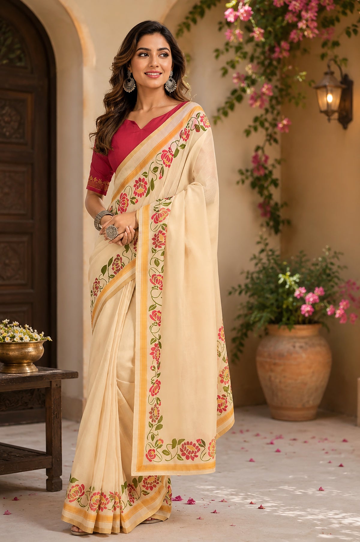 Elora Cream Chanderi Cotton Plain Printed Ready To Wear Saree