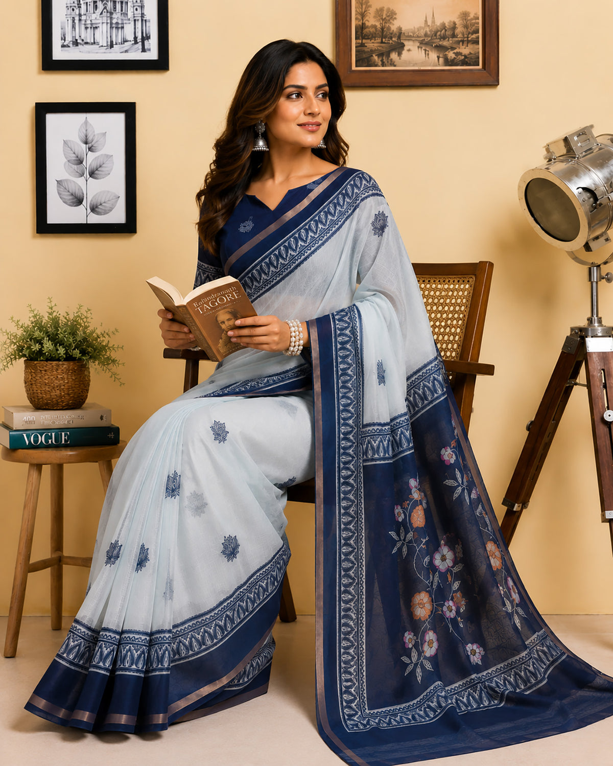 Elora Off White & Navy Blue Chanderi Cotton Floral Butti Motifs Printed Ready To Wear Saree