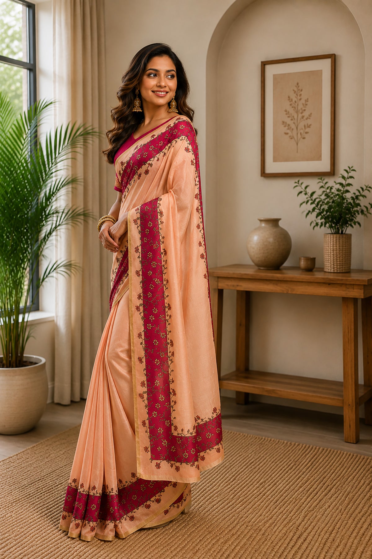 Elora Peach Chanderi Cotton Plain Printed Ready To Wear Saree