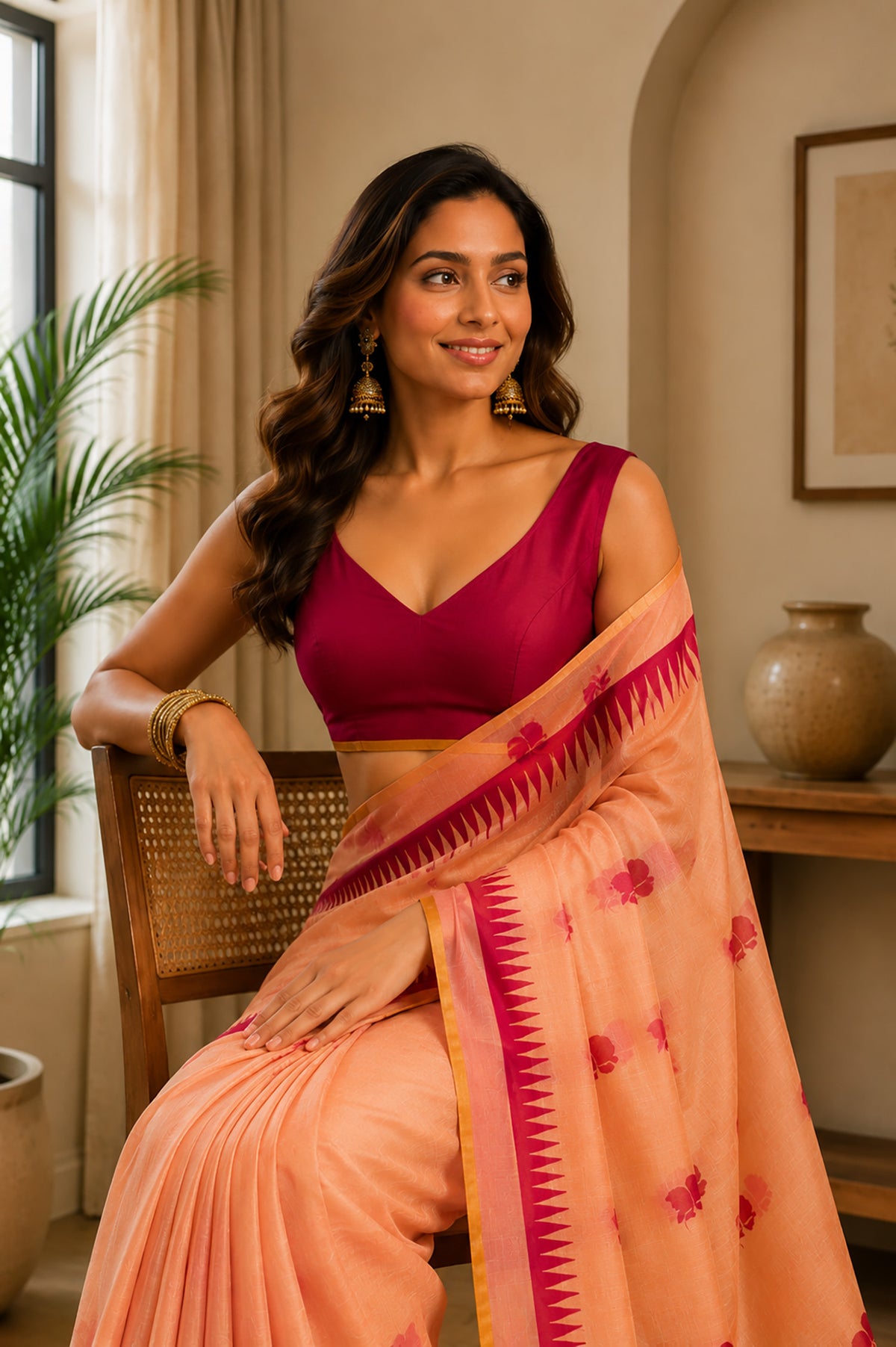 Elora Pastel Orange Chanderi Cotton Floral Butti Motifs Printed Ready To Wear Saree