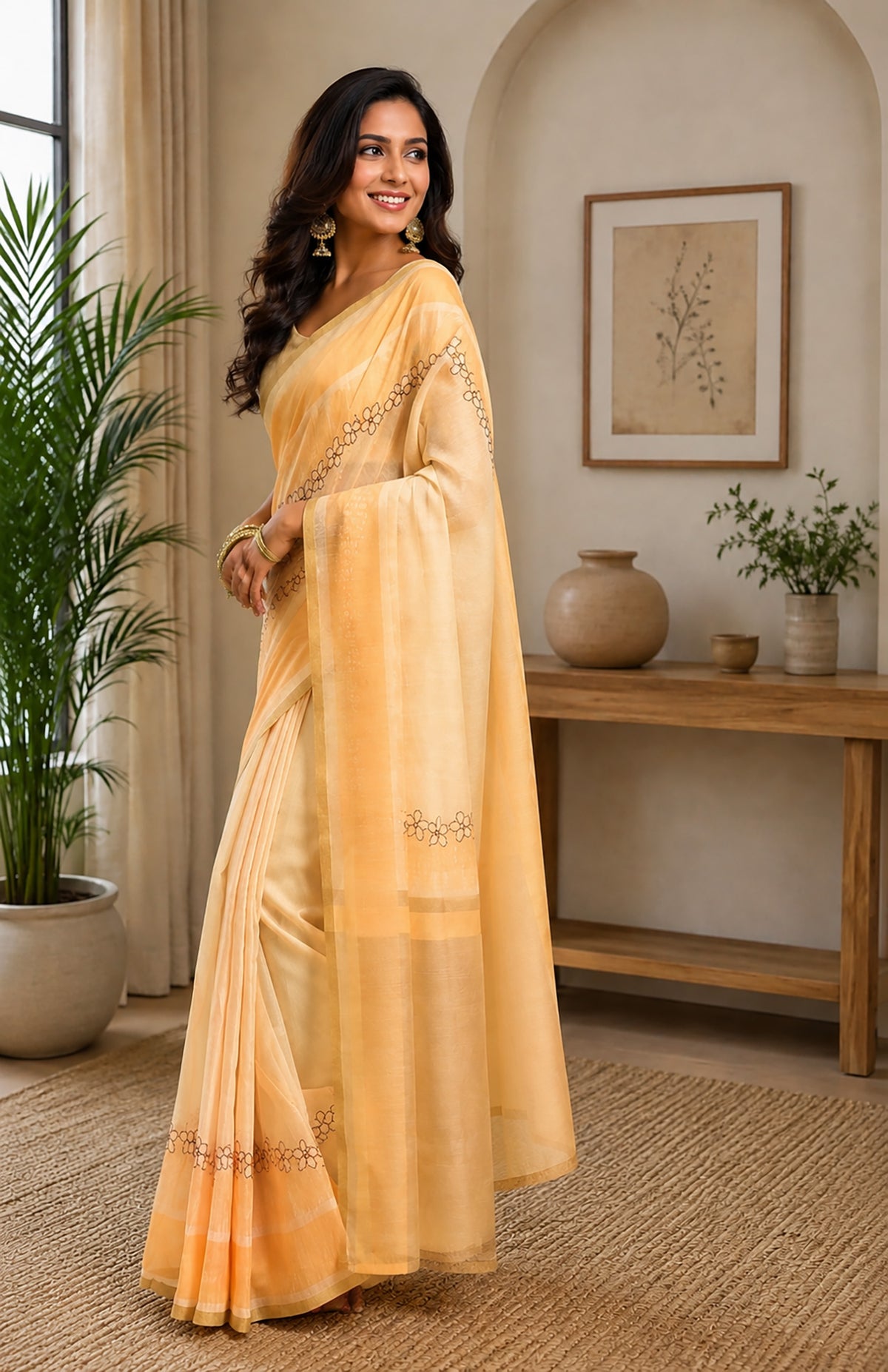 Elora Cream Chanderi Cotton Plain Printed Ready To Wear Saree
