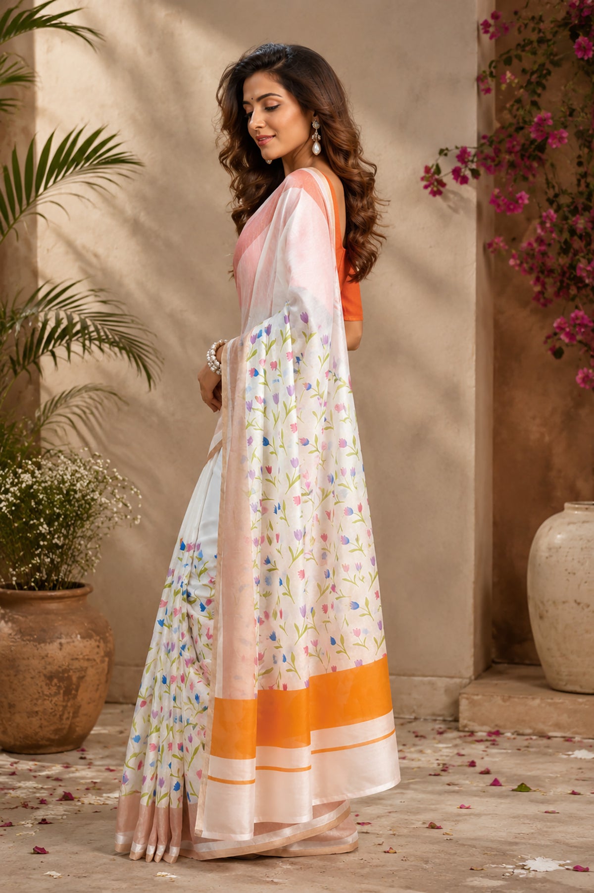 Elora White Chanderi Cotton Floral Printed Ready To Wear Saree