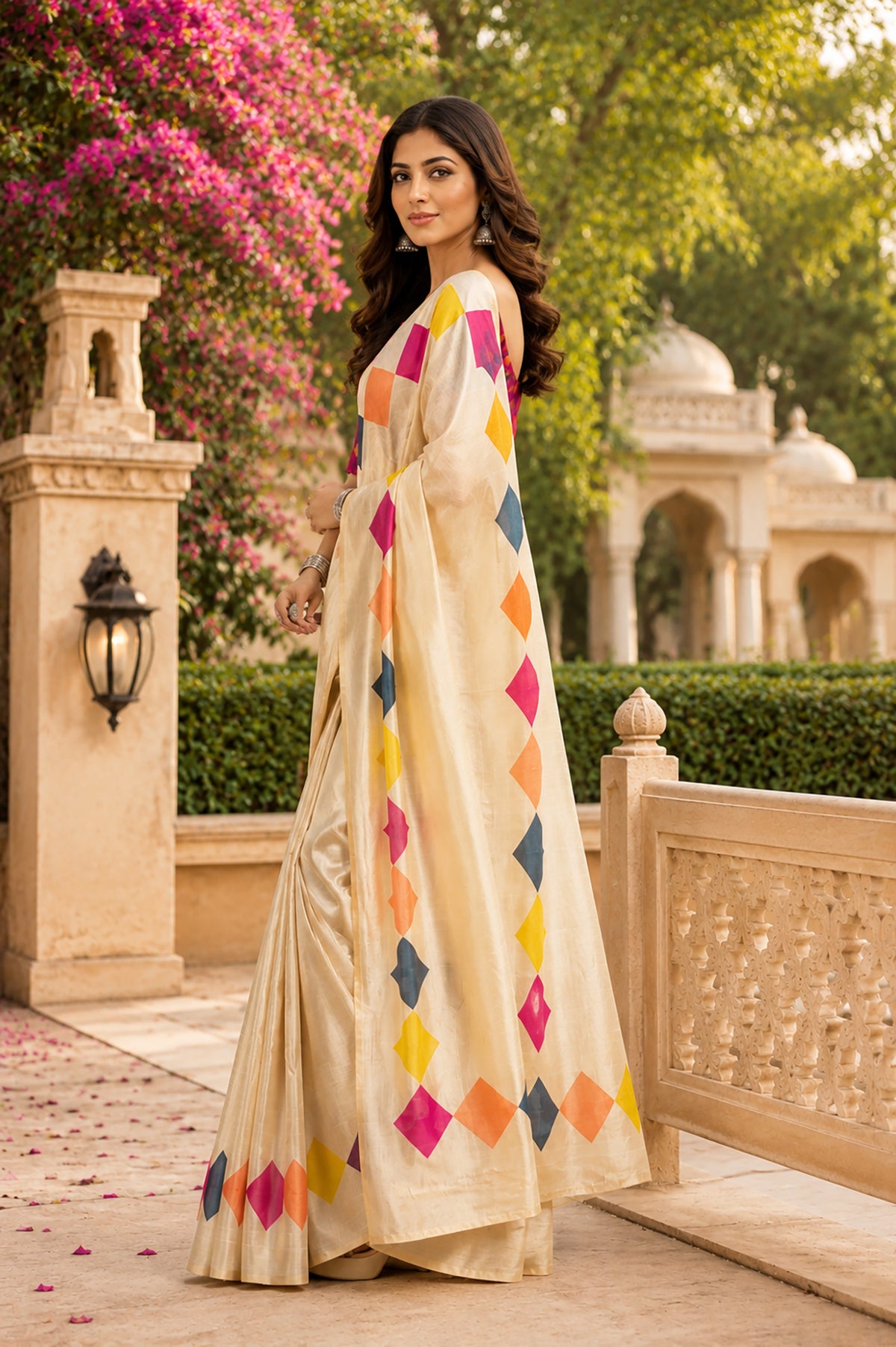 Elora Multicolor Chanderi Cotton Checked Printed Ready To Wear Saree