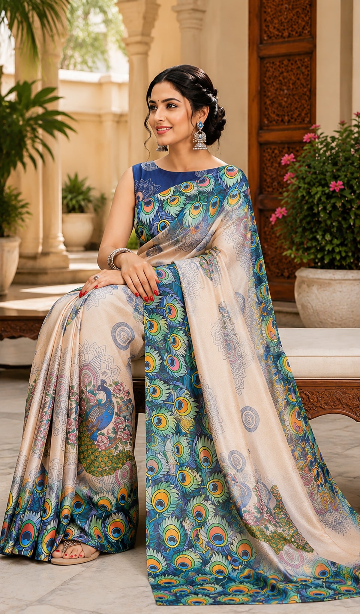 Elora Cream Chanderi Cotton Peacock Feather Pattern Printed Ready To Wear Saree