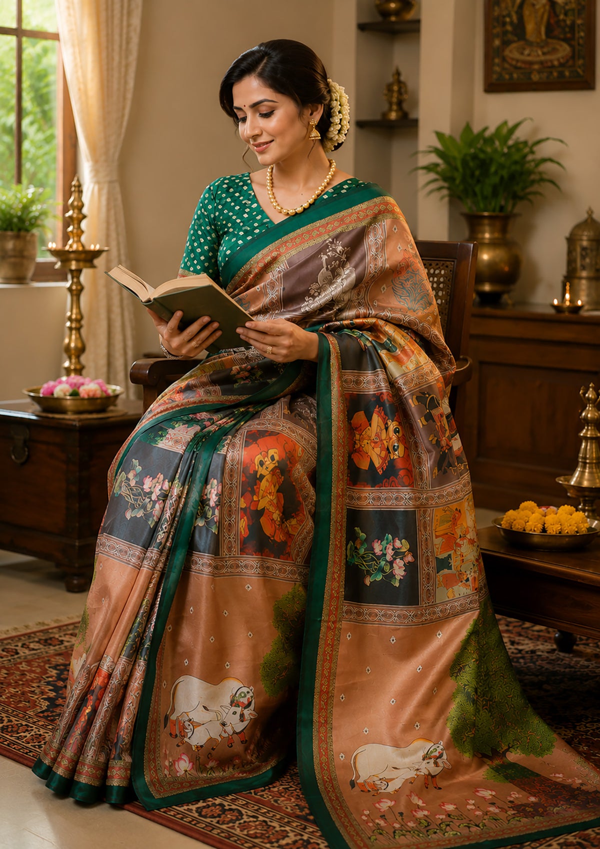 Elora Multicolor Chanderi Cotton Kamdhenu Grid Printed Ready To Wear Saree