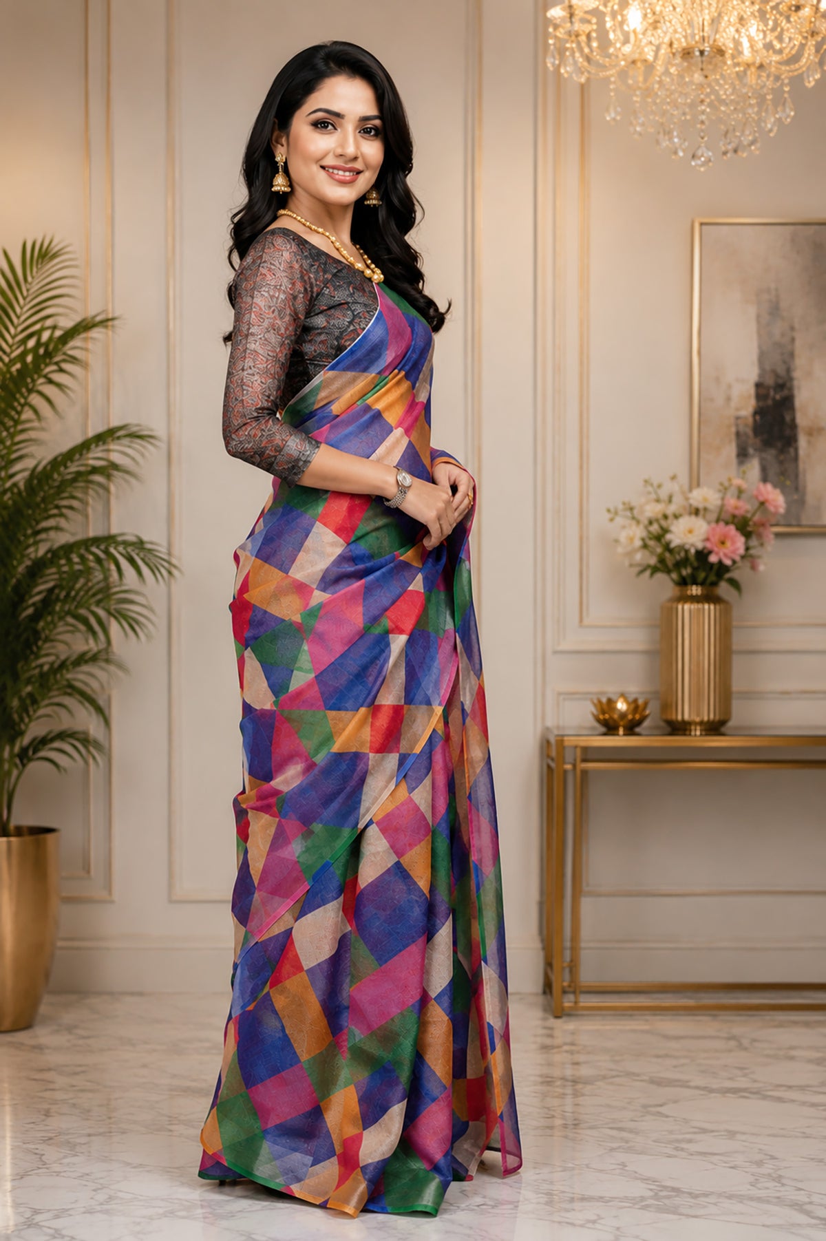 Elora Multicolor Chanderi Cotton Colorblocked Checkered Printed Ready To Wear Saree