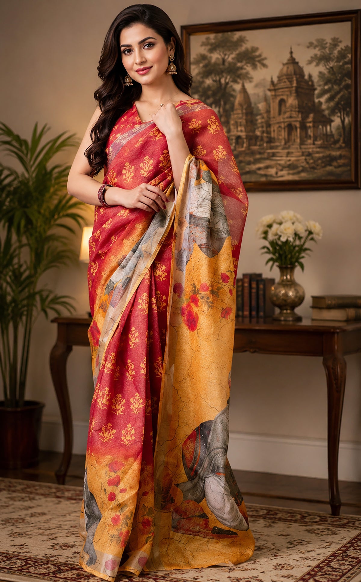 Elora Red & Orange Chanderi Cotton Floral Motifs Printed Ready To Wear Saree