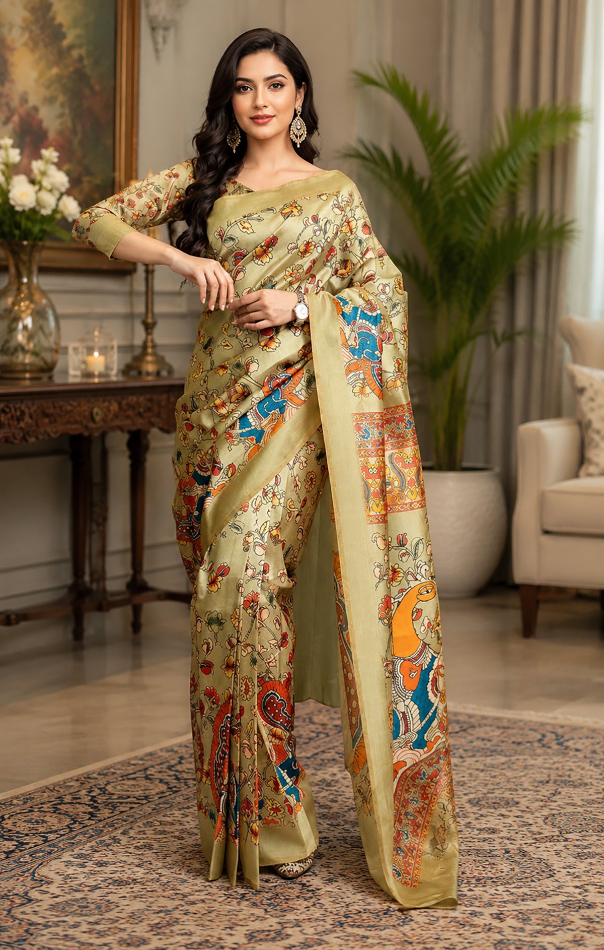 Elora Ivory Chanderi Cotton Kalamkari Printed Ready To Wear Saree