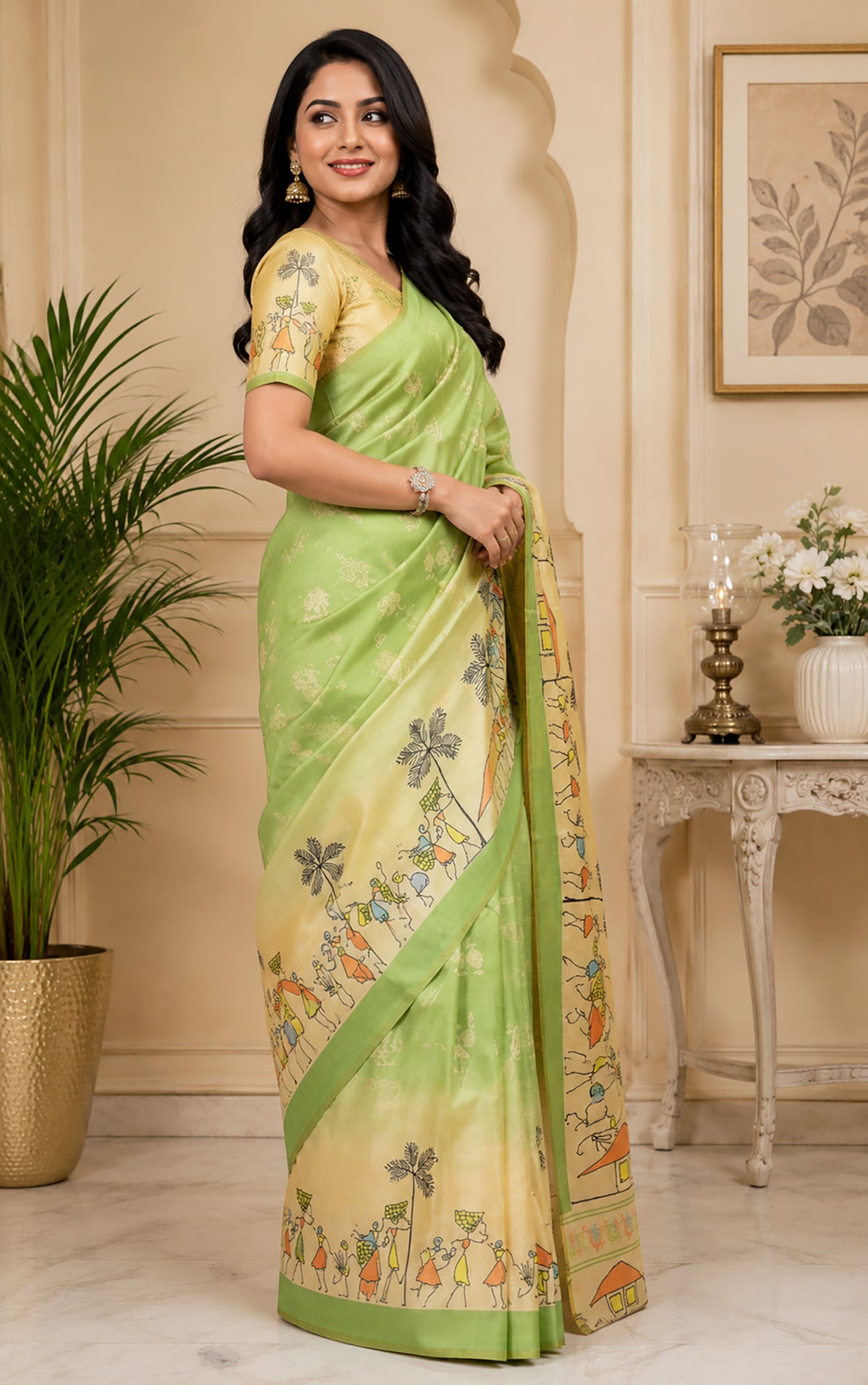 Elora Light Green Chanderi Cotton Tribal Folk Art Printed Ready To Wear Saree