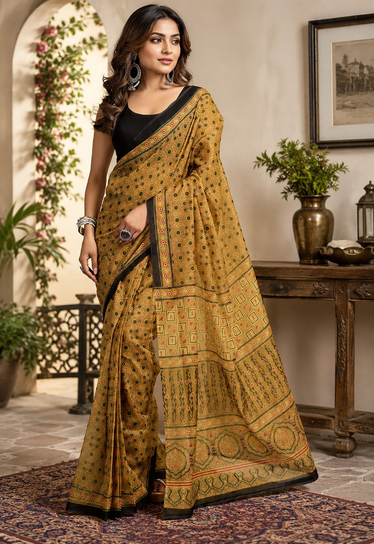 Elora Mustard Chanderi Cotton Kalamkari Printed Ready To Wear Saree