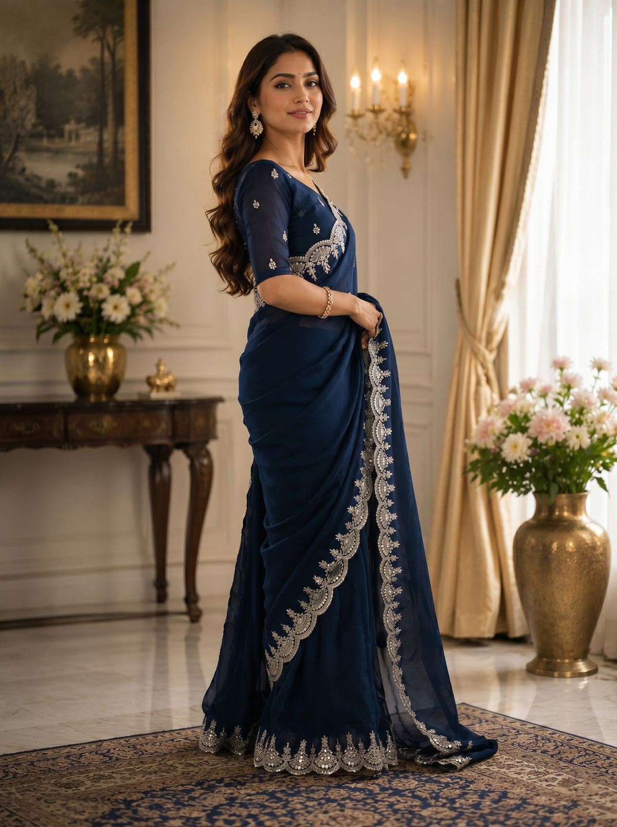 Elora Navy Blue Shimmer Chiffon Plain/Solid Scalloped Edge Embroidered Border Bollywood Saree