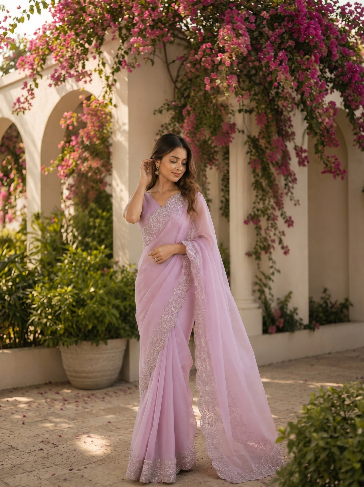 Elora Soft Pink Shimmer Chiffon Plain/Solid Scalloped Edge Embroidered Border Bollywood Saree