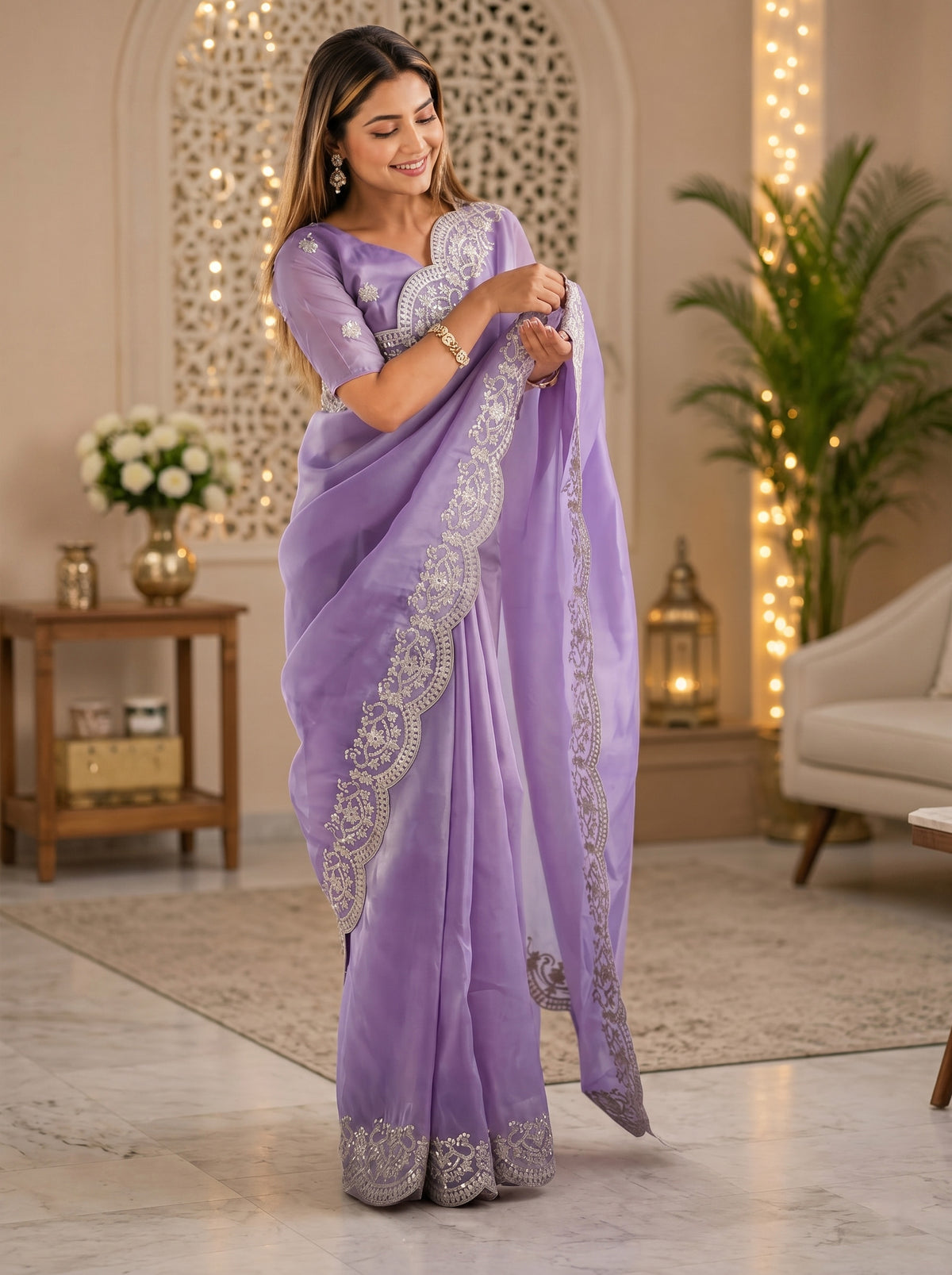 Elora Lavender Shimmer Chiffon Plain/Solid Scalloped Edge Embroidered Border Bollywood Saree