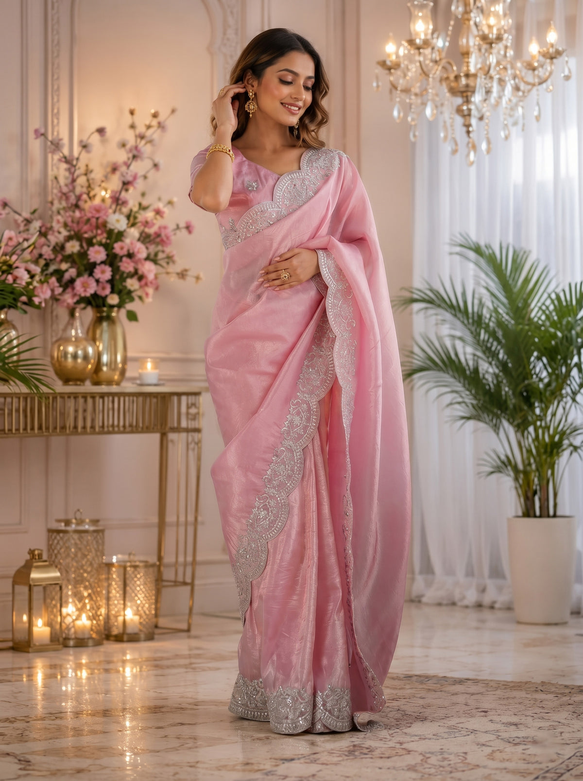 Elora Rich Pink Shimmer Chiffon Plain/Solid Scalloped Edge Embroidered Border Bollywood Saree