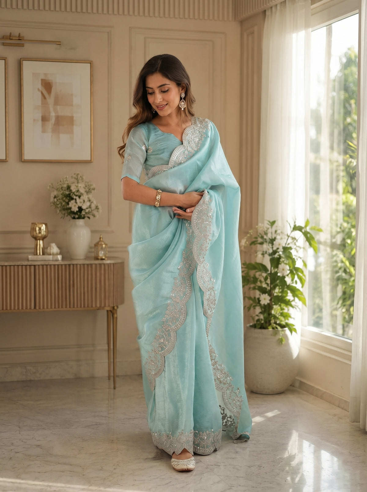 Elora Pastel Blue Shimmer Chiffon Plain/Solid Scalloped Edge Embroidered Border Bollywood Saree