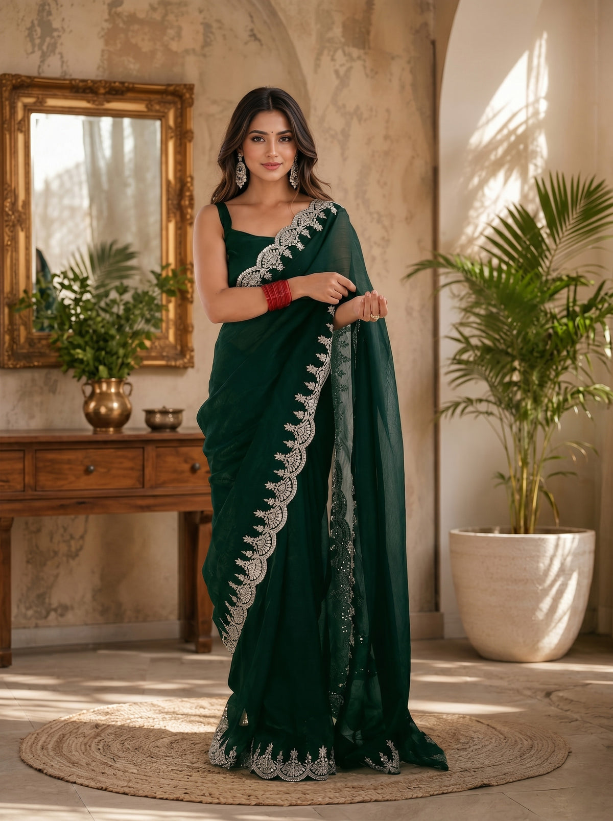 Elora Emerald Green Shimmer Chiffon Plain/Solid Scalloped Edge Embroidered Border Bollywood Saree