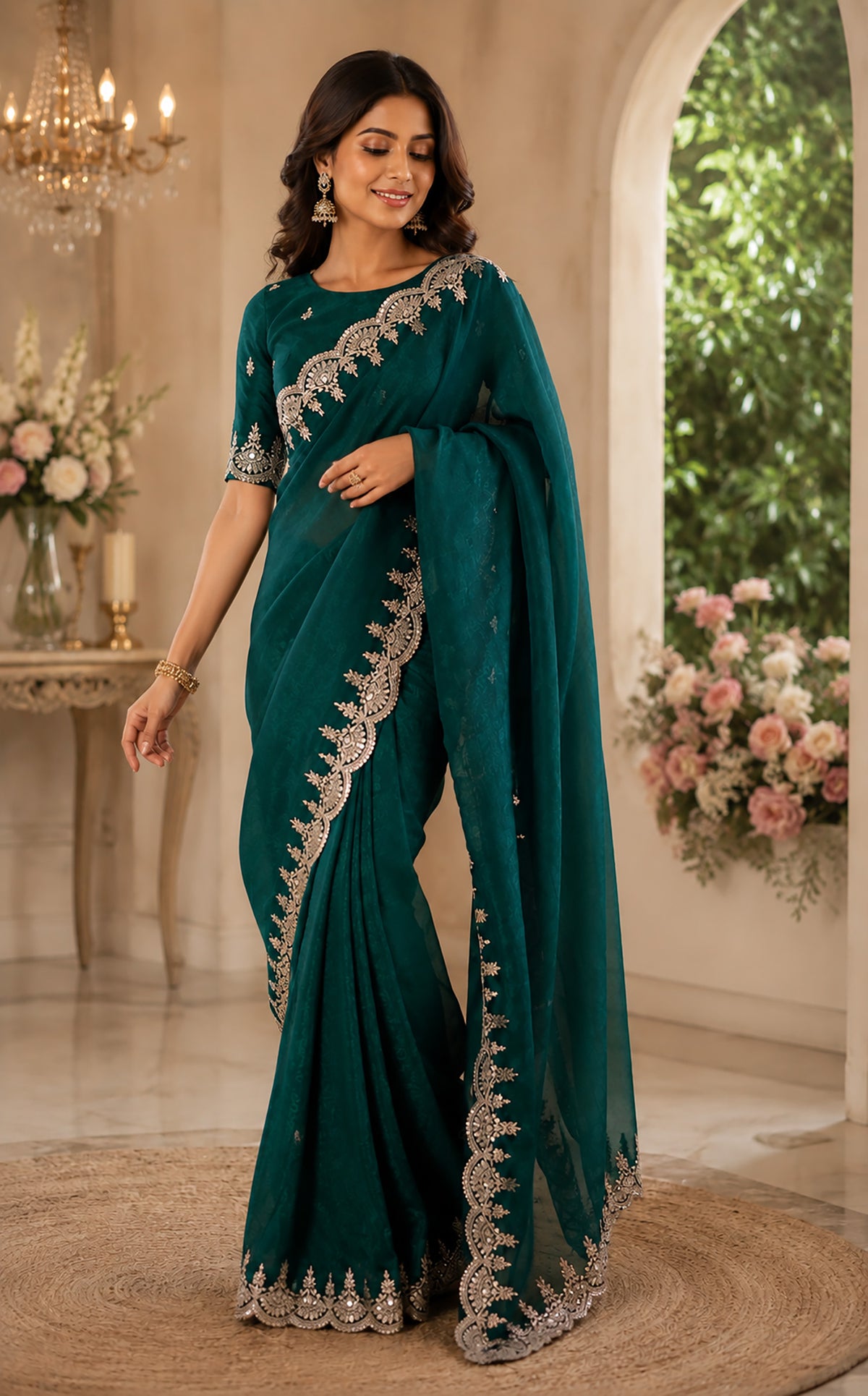 Elora Teal Green Shimmer Chiffon Plain/Solid Scalloped Edge Embroidered Border Bollywood Saree