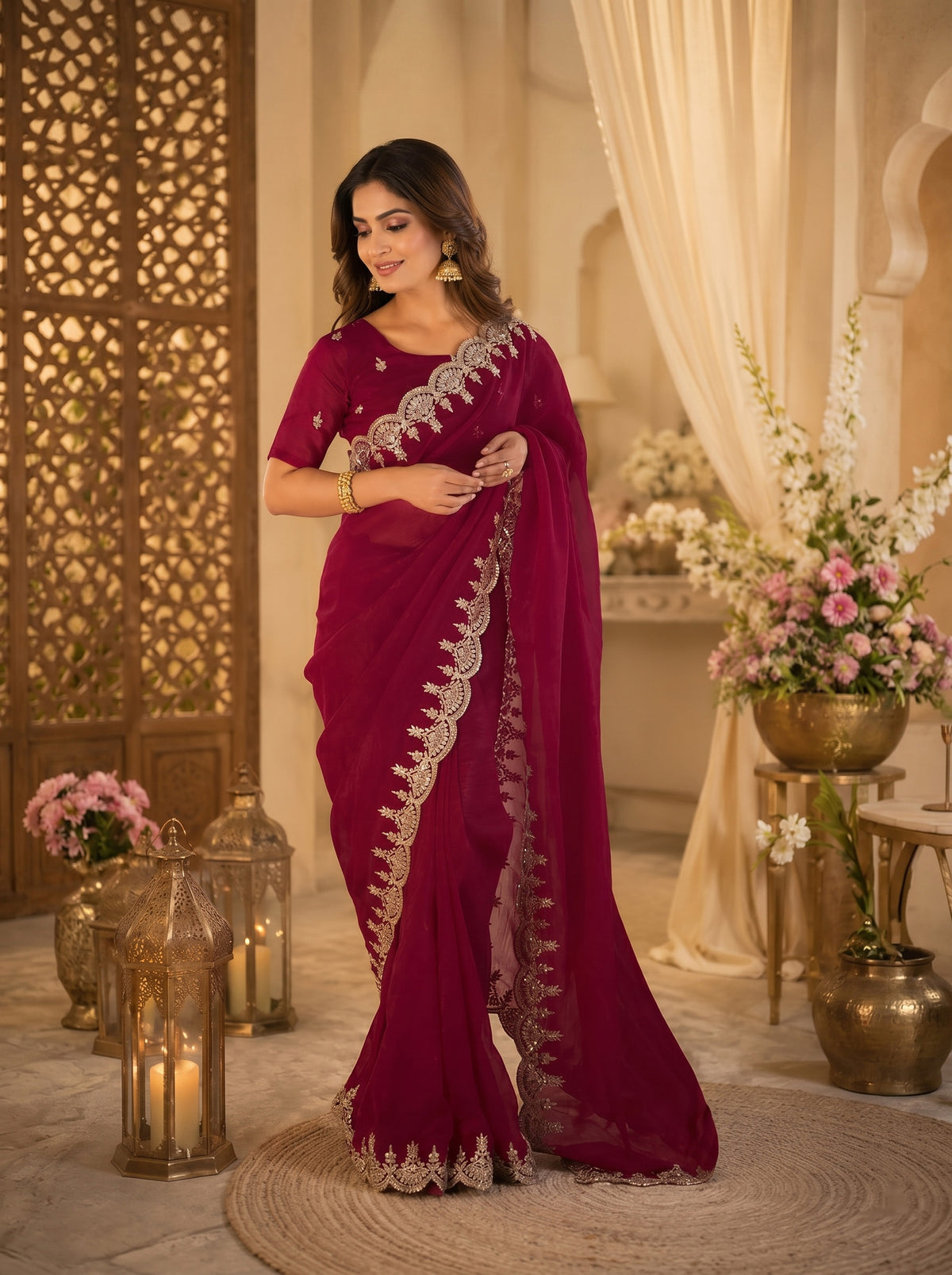Elora Maroon Shimmer Chiffon Plain/Solid Scalloped Edge Embroidered Border Bollywood Saree