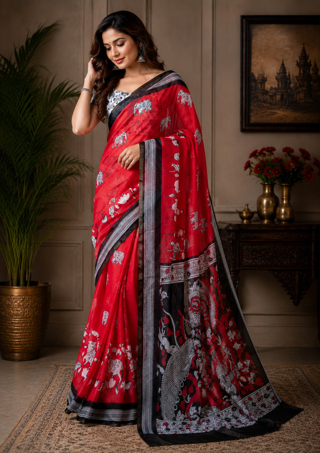 Elora Crimson Red Chanderi Cotton Kalamkari Printed Ready To Wear Saree