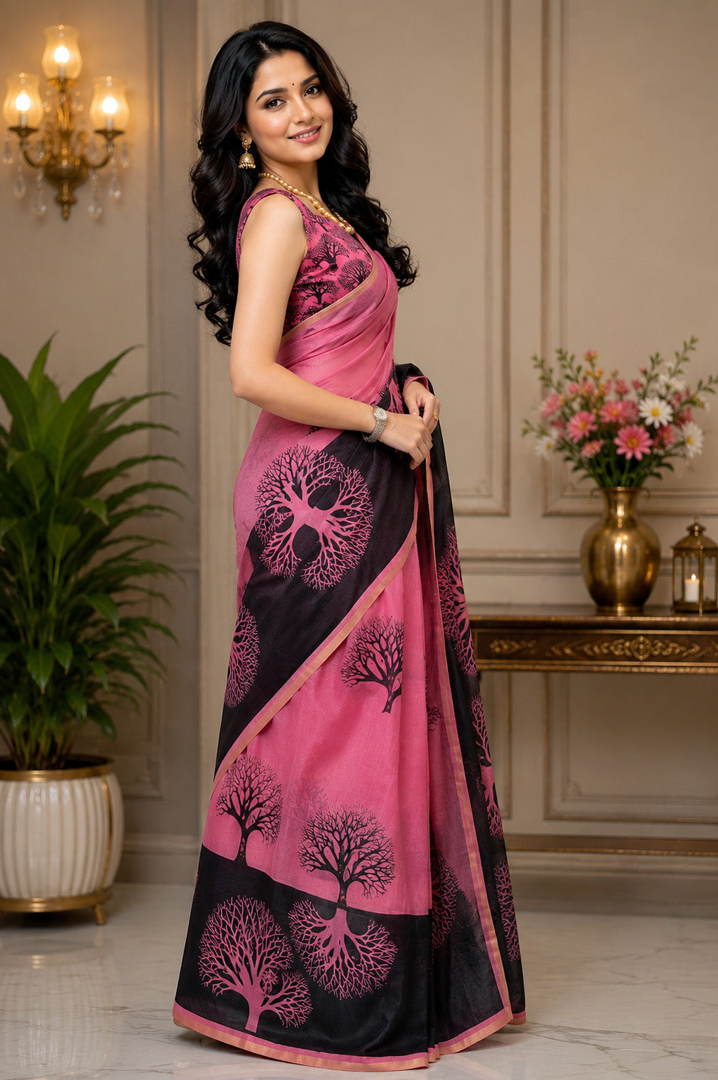 Elora Pink Chanderi Cotton Tree Mofos Printed Ready To Wear Saree