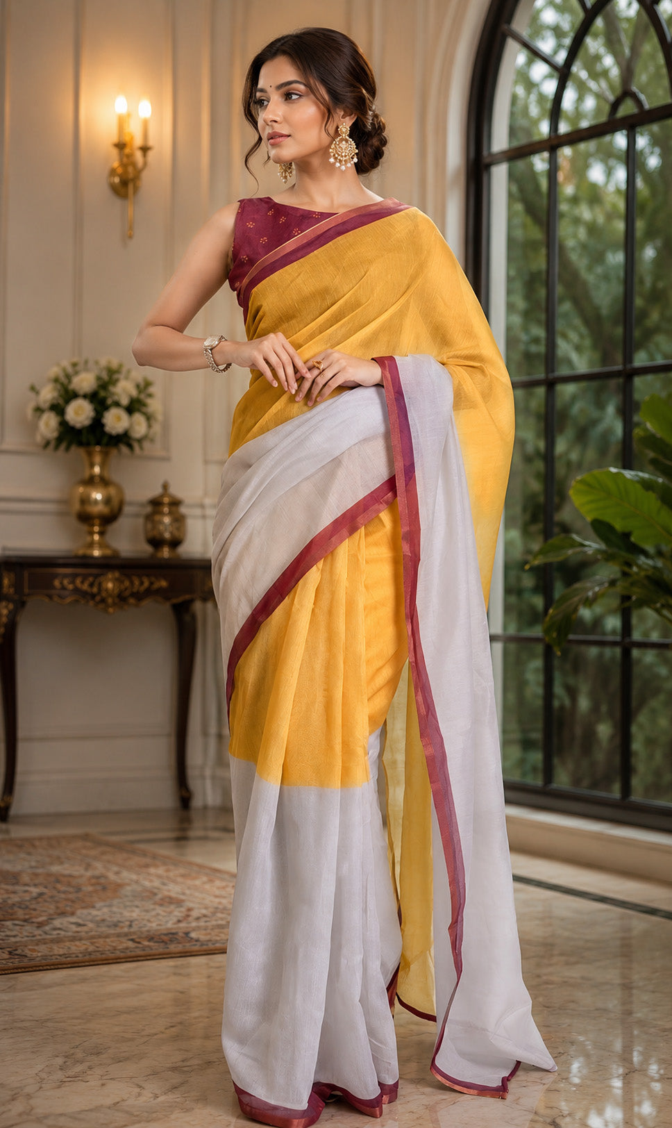 Elora Mustard Yellow Chanderi Cotton Plain Printed Ready To Wear Saree