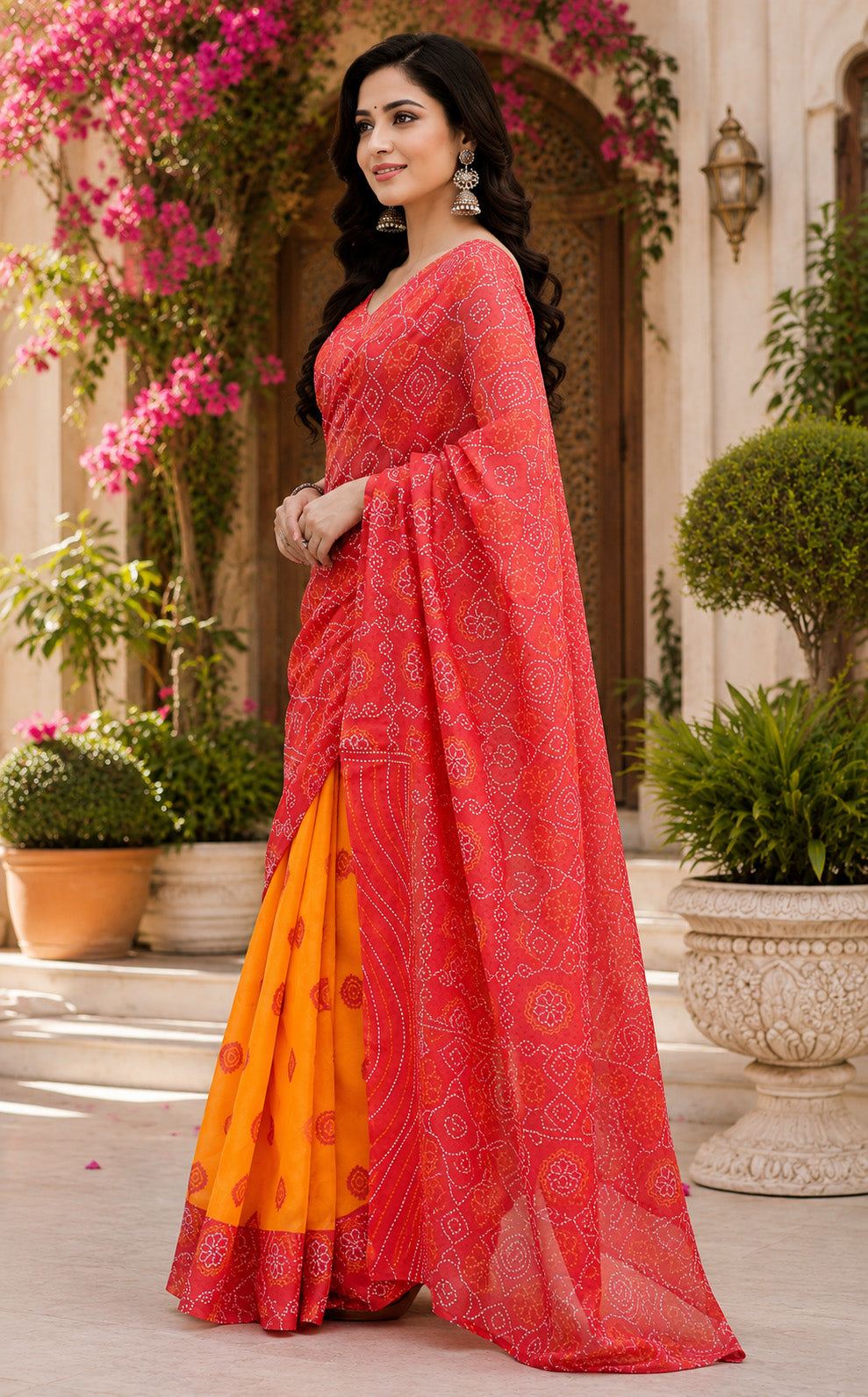 Elora Red & Yellow Chanderi Cotton Bandhani Printed Ready To Wear Saree