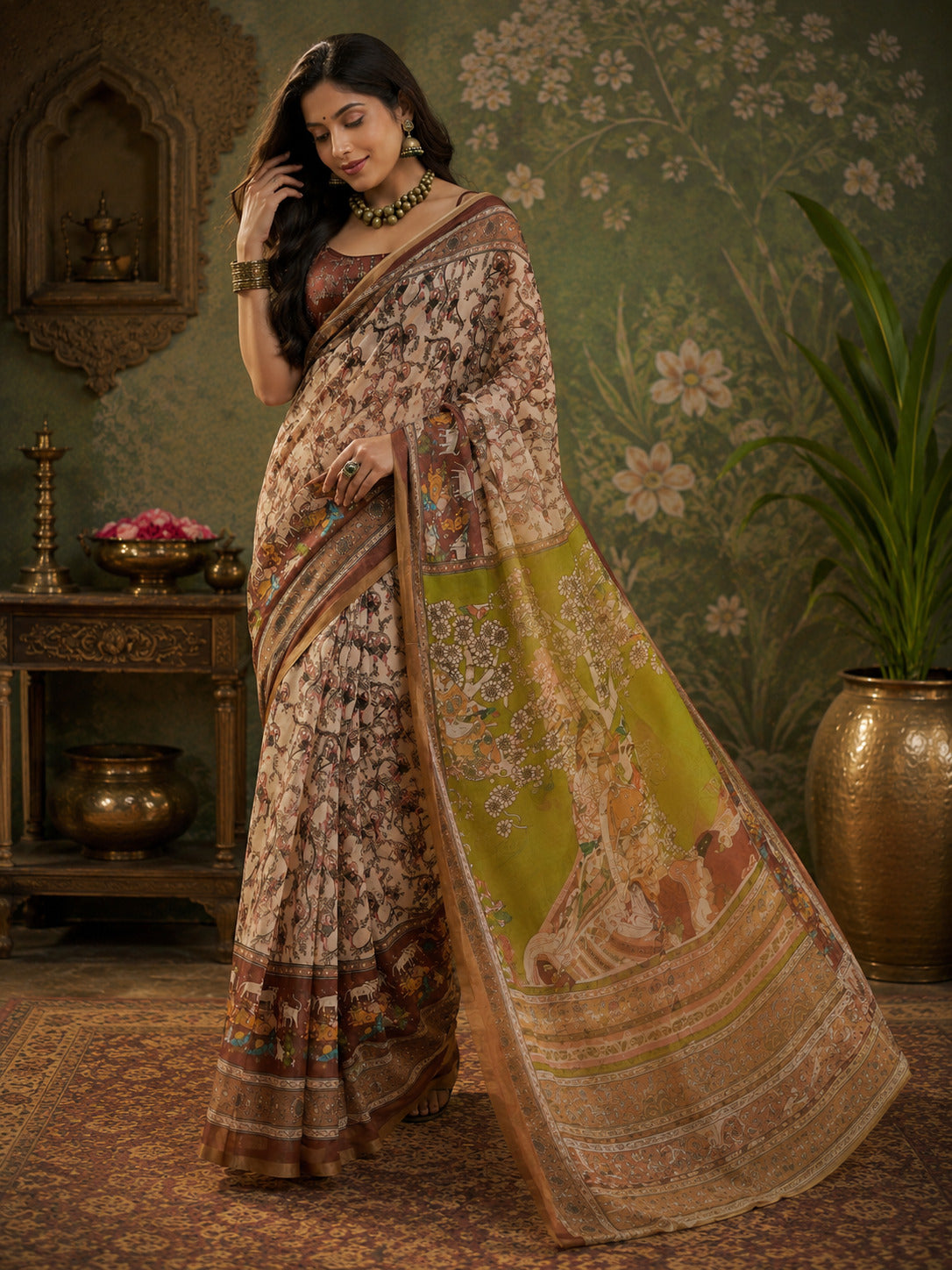 Elora Cream & Brown Linen Kalamkari Digital Print Bollywood Saree