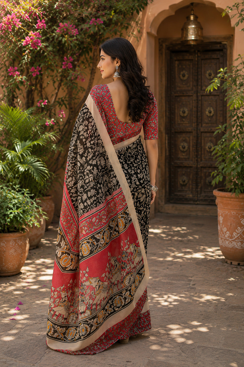 Elora Black Linen Kalamkari Digital Print Bollywood Saree